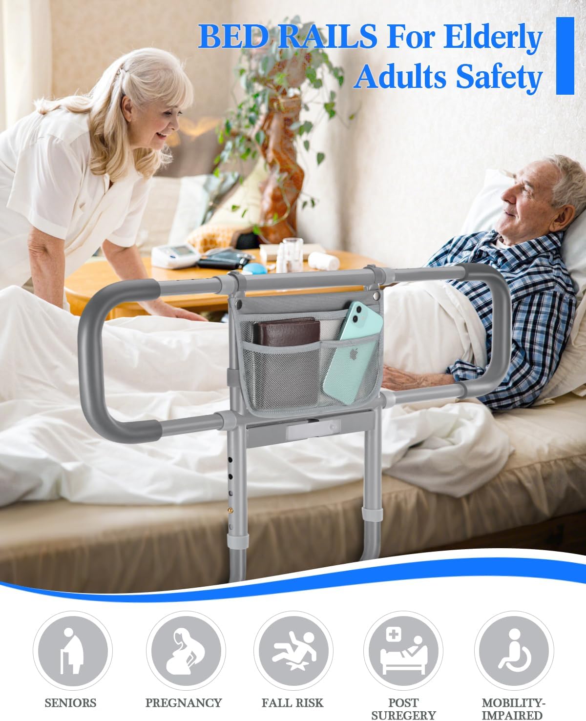 Bed Rails for Elderly Adults Safety, Extended Bed Assist Rail for Seniors with Motion Sensor Light - Adjustable Side Bed Guard Rails Handle Support Bar with Storage Bag, Fit King Queen Full Twin Bed - Image 4