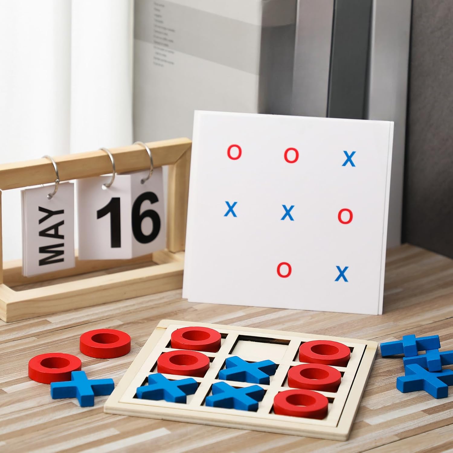 Jumbo Wooden Tic Tac Toe Game Dementia Activities for Alzheimers Seniors with Matching and Puzzle Templates XO Chess Board Game for Elderly Engaging Table Decor(Blue, Red) - Image 7