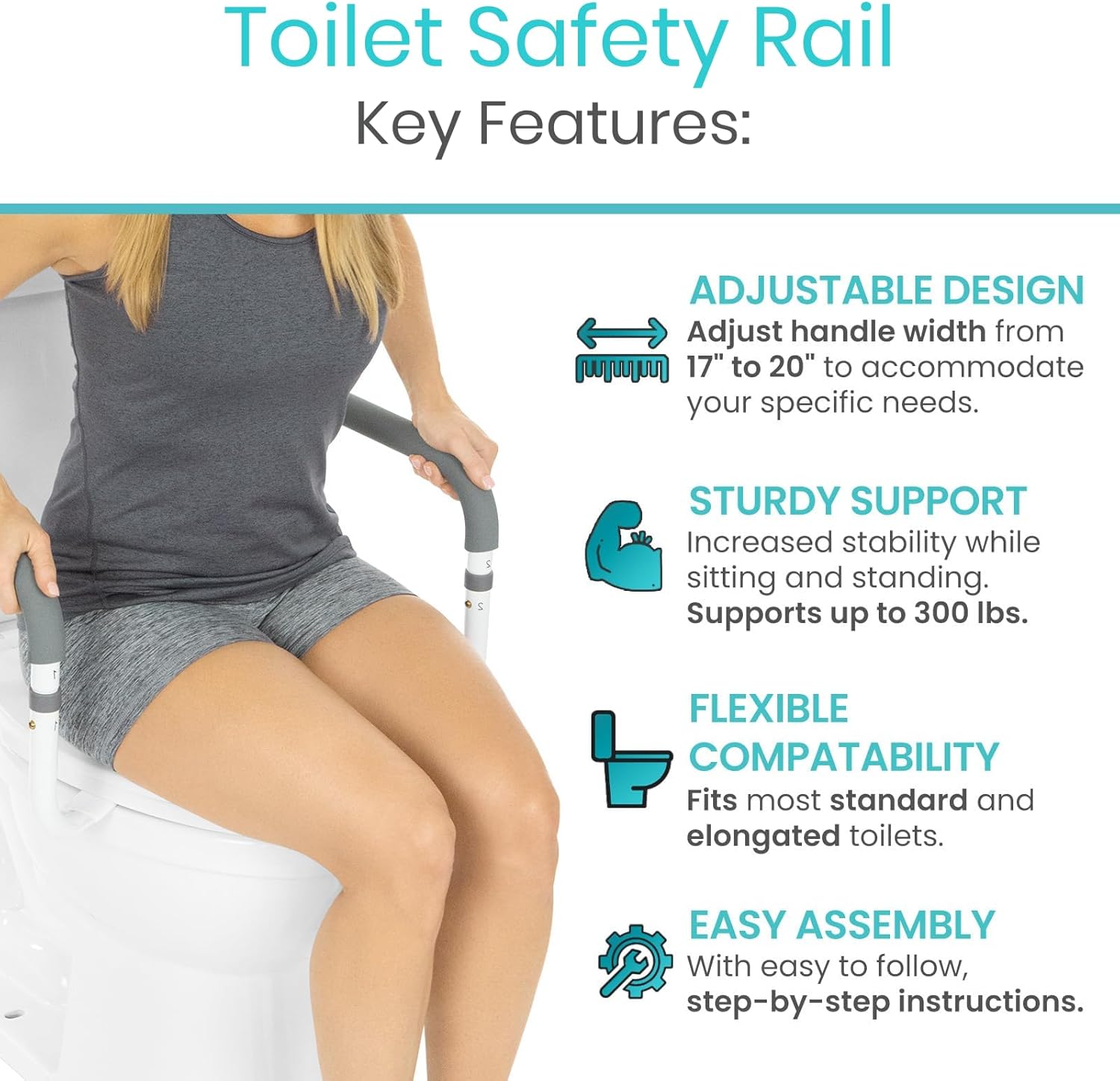 Vive Toilet Safety Rail - Adjustable Grab Bar - Compact Support Frame with Handrail for Bathroom Toilet Seat - Easy Installation for Handicap Senior Bariatrics, Elderly Balance - Padded Hand Armrest - Image 3