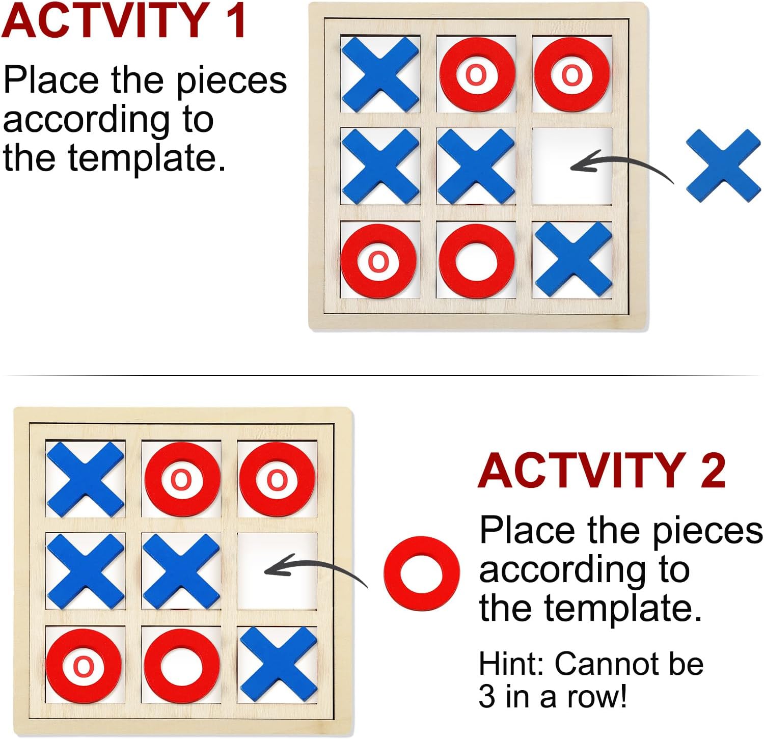 Jumbo Wooden Tic Tac Toe Game Dementia Activities for Alzheimers Seniors with Matching and Puzzle Templates XO Chess Board Game for Elderly Engaging Table Decor(Blue, Red) - Image 4