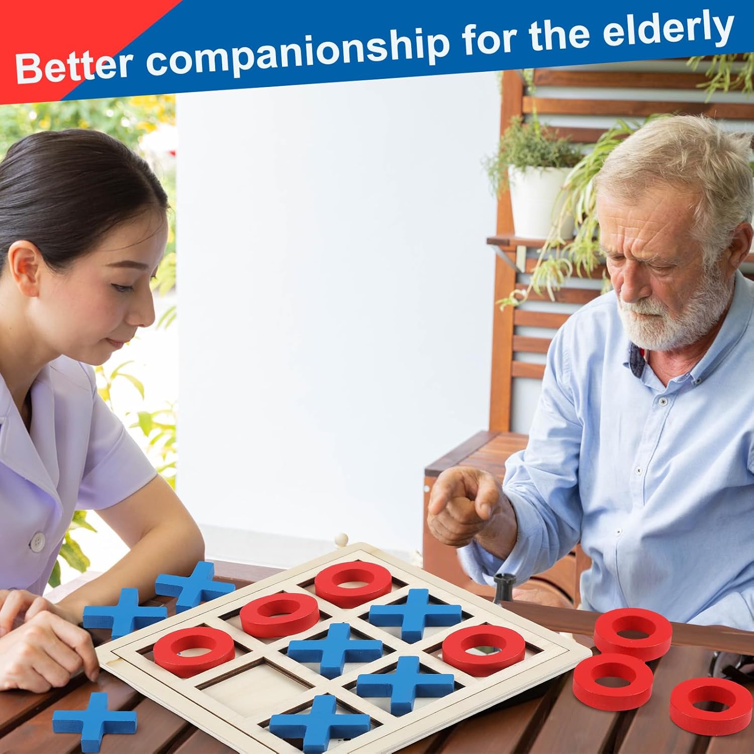 Jumbo Wooden Tic Tac Toe Game Dementia Activities for Alzheimers Seniors with Matching and Puzzle Templates XO Chess Board Game for Elderly Engaging Table Decor(Blue, Red) - Image 8