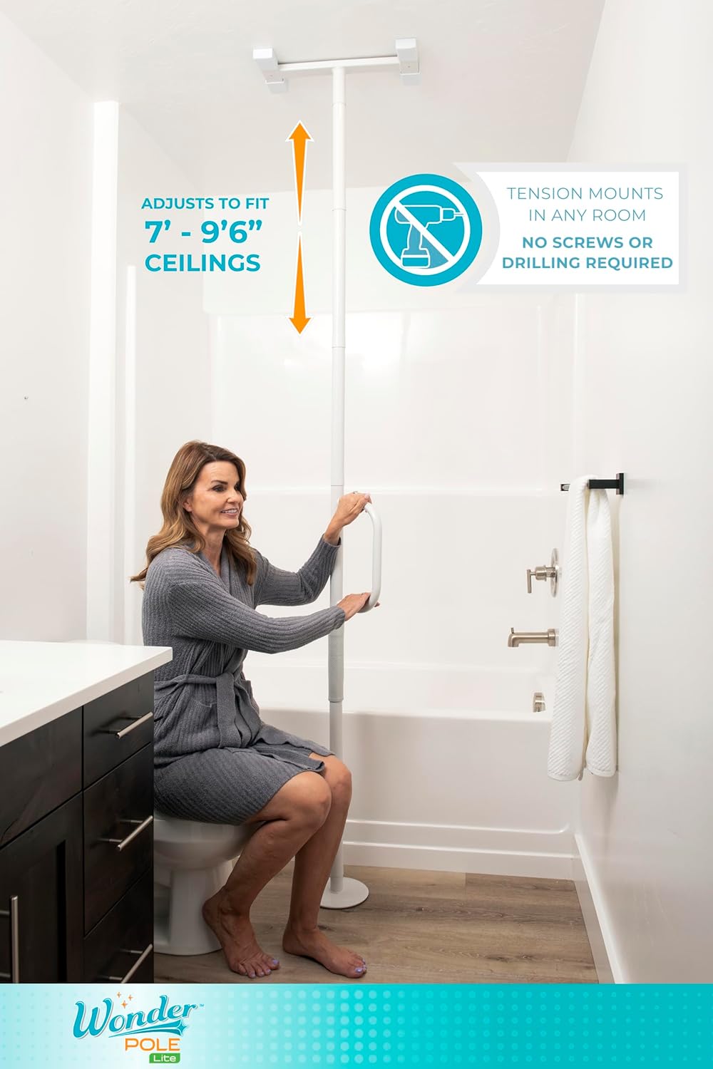 Stander Wonder Pole Lite, Adjustable Floor to Ceiling Safety Grab Bar with Security Support Handle for Fall Prevention, Tension Mounted Transfer-Pole for Adults, Seniors, and Elderly, White - Image 2