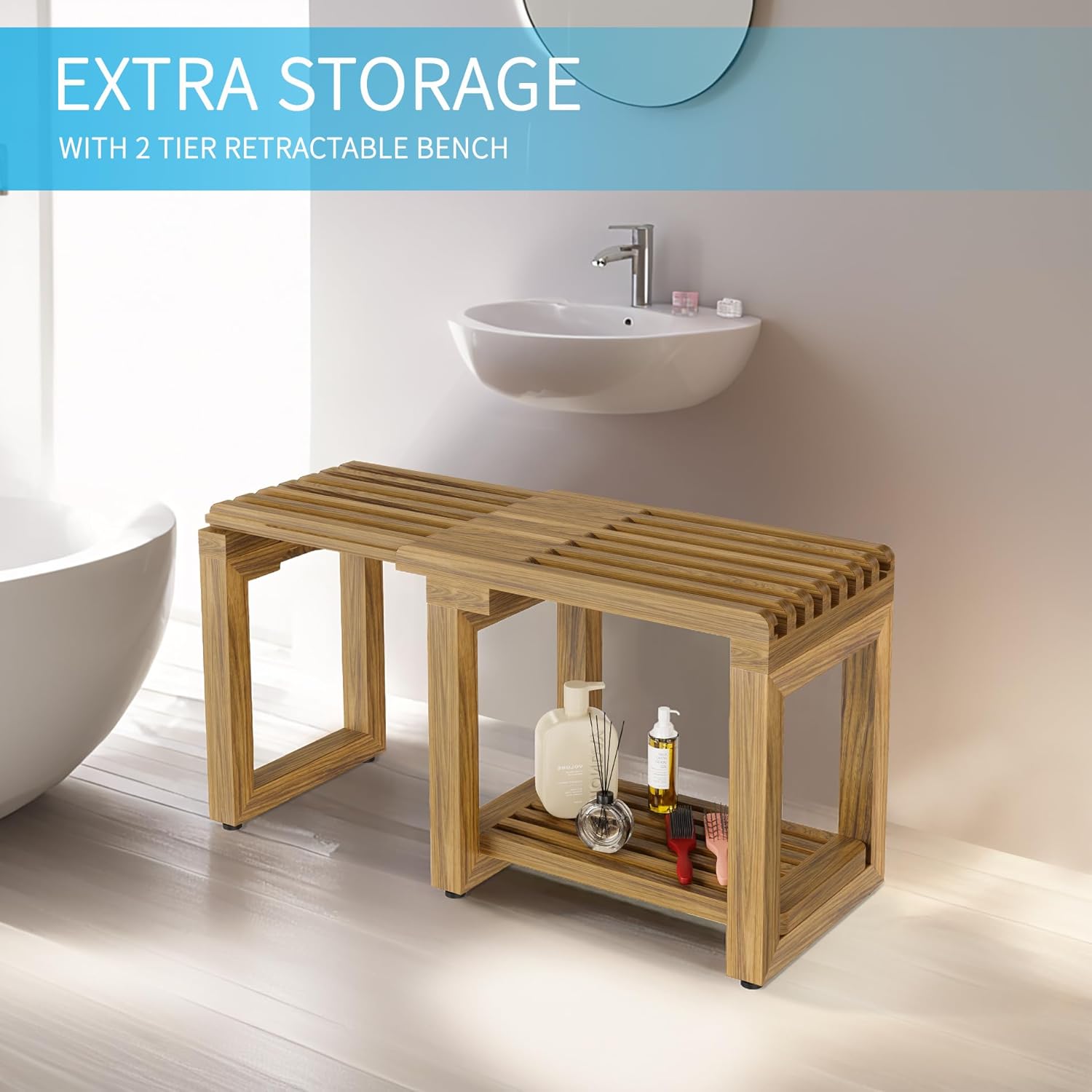 Shower Benches for Inside Shower, Adjustable Length 26.4” Shower Chair Stool with Storage Shelf for Shaving Legs, Spa, Acacia Wood Waterproof Bath Seat for Adults Seniors Elderly - Image 5