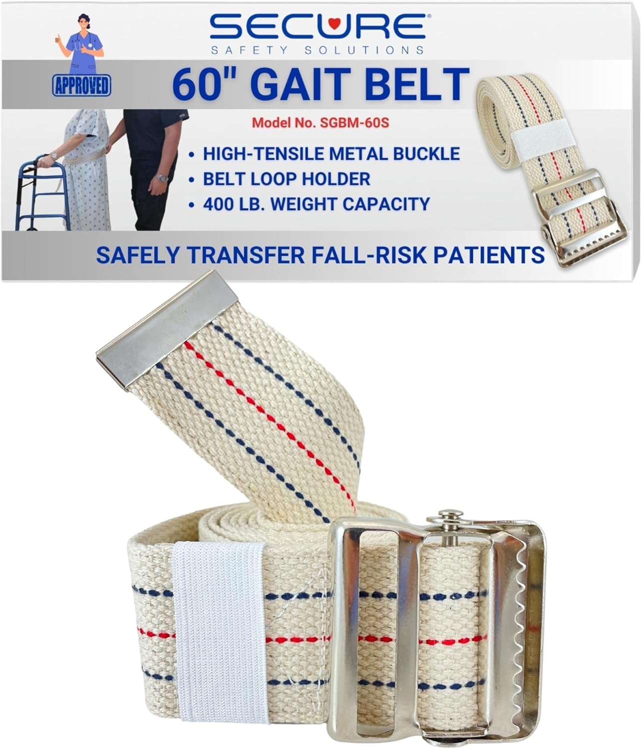 Secure Gait Belt for Seniors with Metal Buckle - Transfer and Walking Standing Aid Elderly, Physical Therapy, Nurses