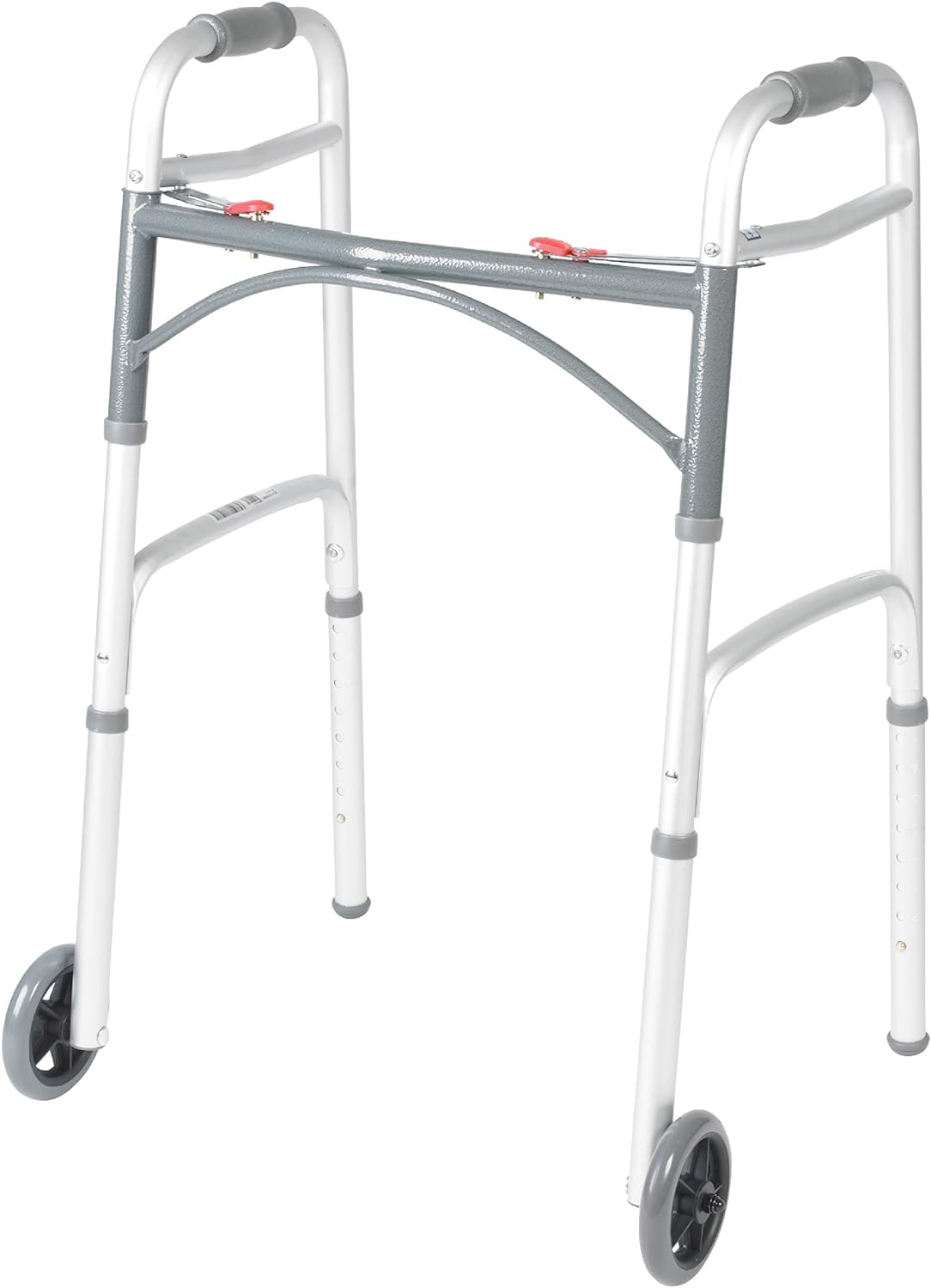 Drive Medical 10210-1 2-Button Folding Walker with Wheels, Rolling Walker, Front Wheel Walker, Lightweight Walkers for Seniors and Adults Weighing Up To 350 Pounds, Adjustable Height, Silver
