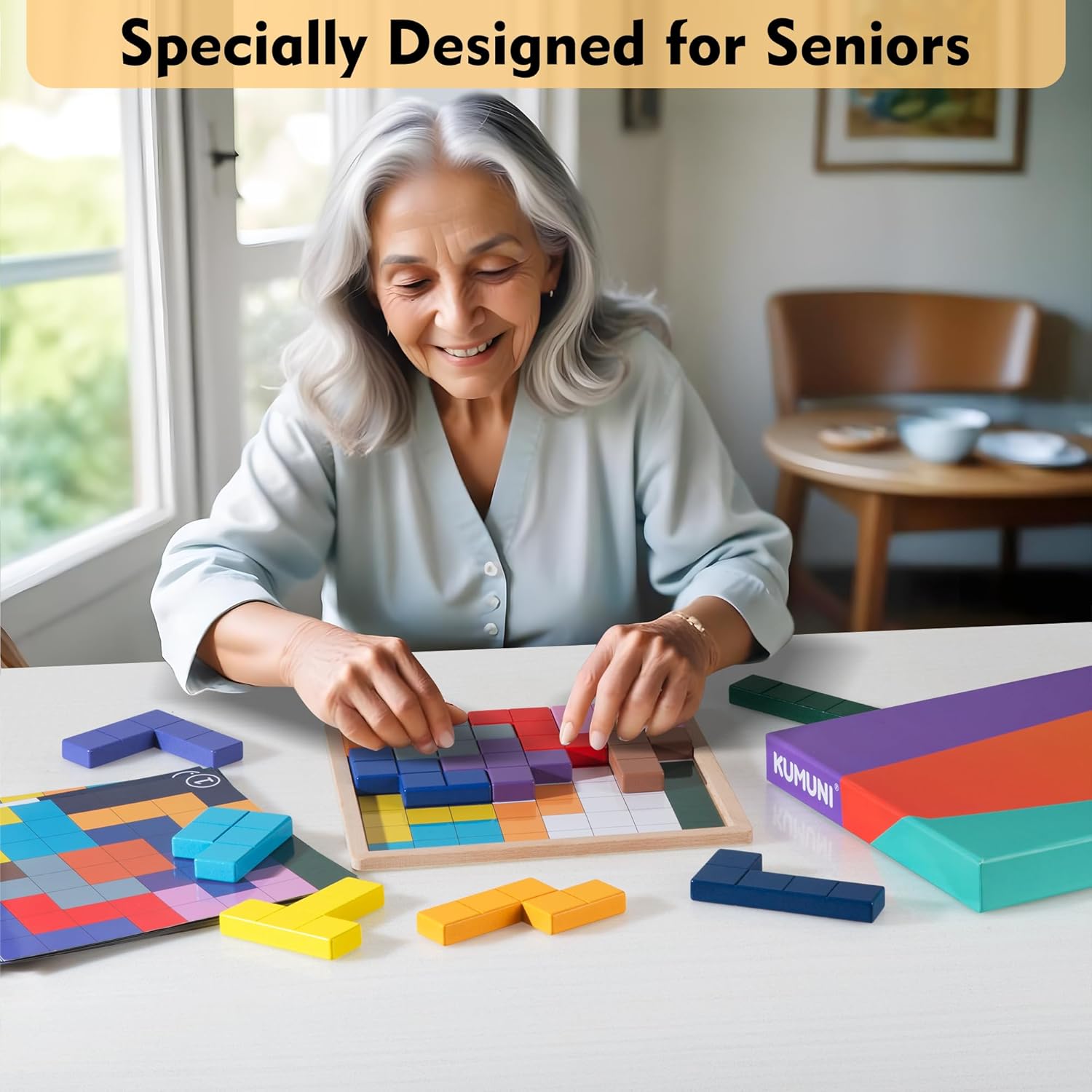 Dementia Products for Elderly, Wooden Tiles Matching Game with 40 Templates, Dementia Activities for Seniors, Easy Memory Games for Alzheimer's, Large Puzzle Pattern Blocks - Image 2