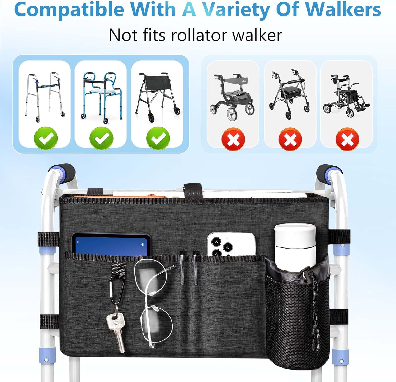 Rhino Valley Walker Bag, Multi Pockets Folding Walker Basket Tote Bag with Cup Holder, Hand-Free Carry Pouch Storage Bag for Universal Walkers, Large Capacity Organizer for Seniors Elderly, Black - Image 6