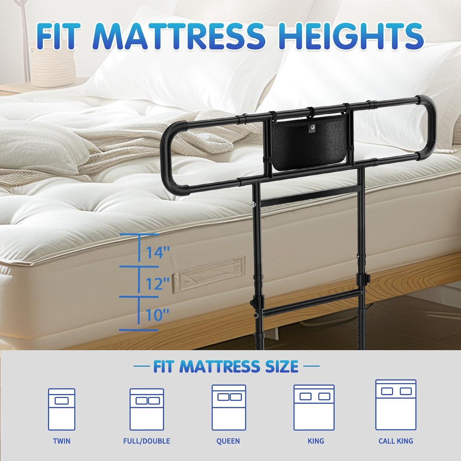 FORTEMOTUS Bed Rails for Elderly Adults Safety - Adjustable Heights& Extendable Bed Side Rail, Foldable Bed Assist Bar, Heavy Duty for Senior, Fits King, Queen, Full, Twin for 10~16'' Mattress - Image 6