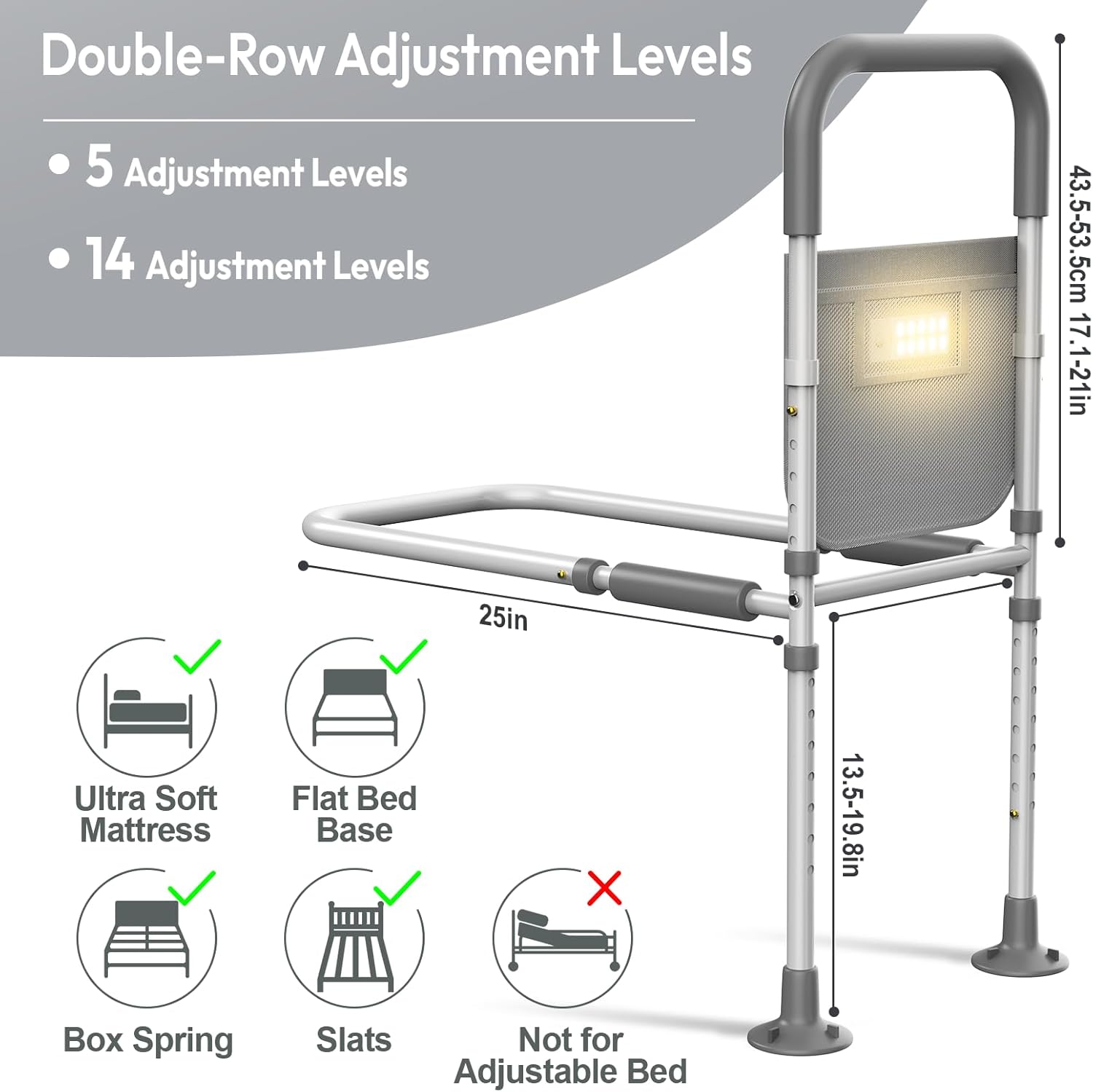 Bed Rails for Elderly Adults Safety: with Motion Sensor Light & Storage Bag -Adjustable Bed Assist Rail for Seniors - Side Bed Rail Handle Support Bar Guard Rails - Fit King Queen Full Twin Bed - Image 3