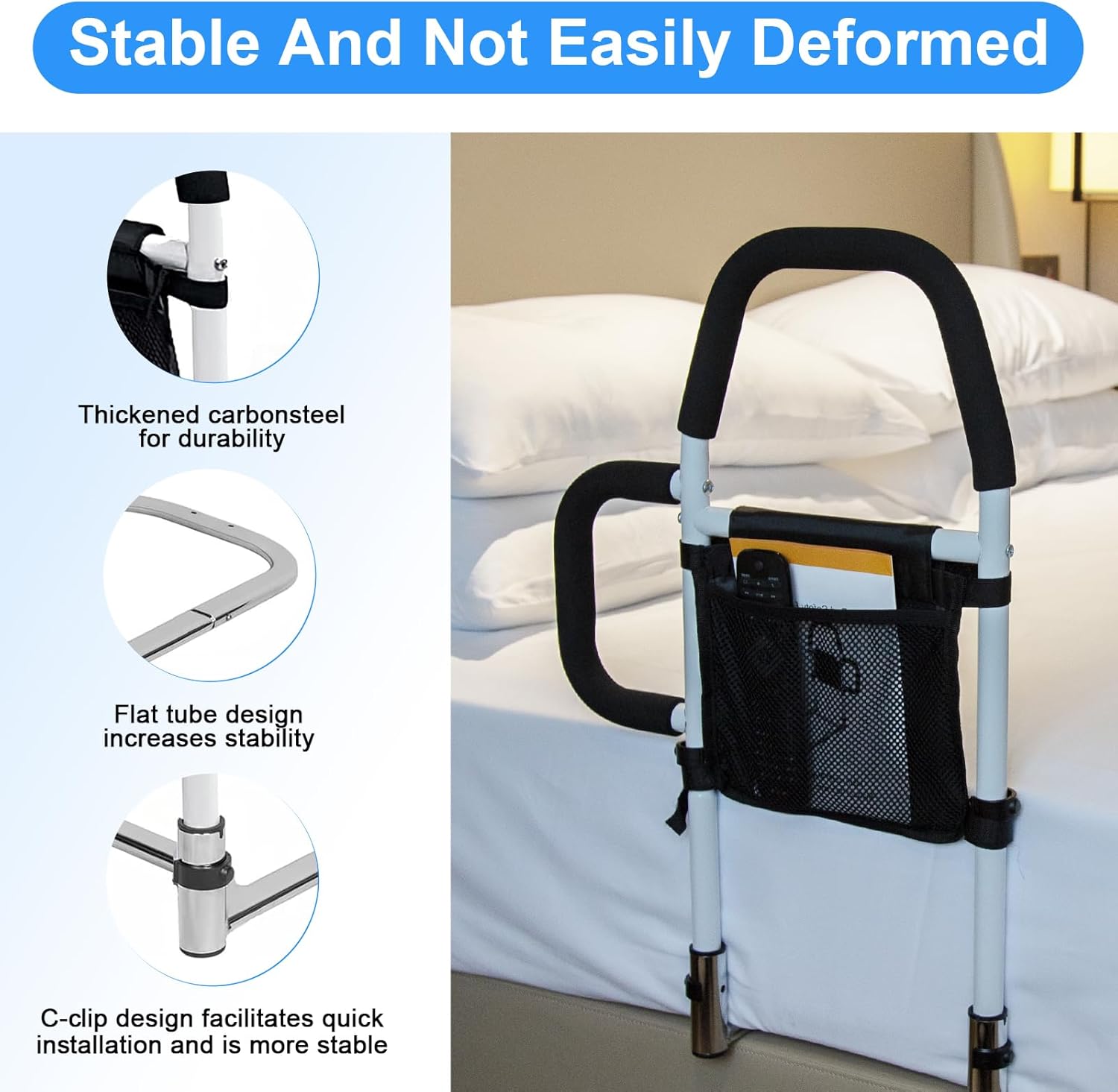 Bed Rails for Elderly Adults Safety-Bed Assist Rail with Double Grab Bars & Fall Prevention Guard & Storage Pocket Fits King, Queen, Full, Twin, Support Up to 300lbs,Height 25.6'' (Double Grab Bars) - Image 4