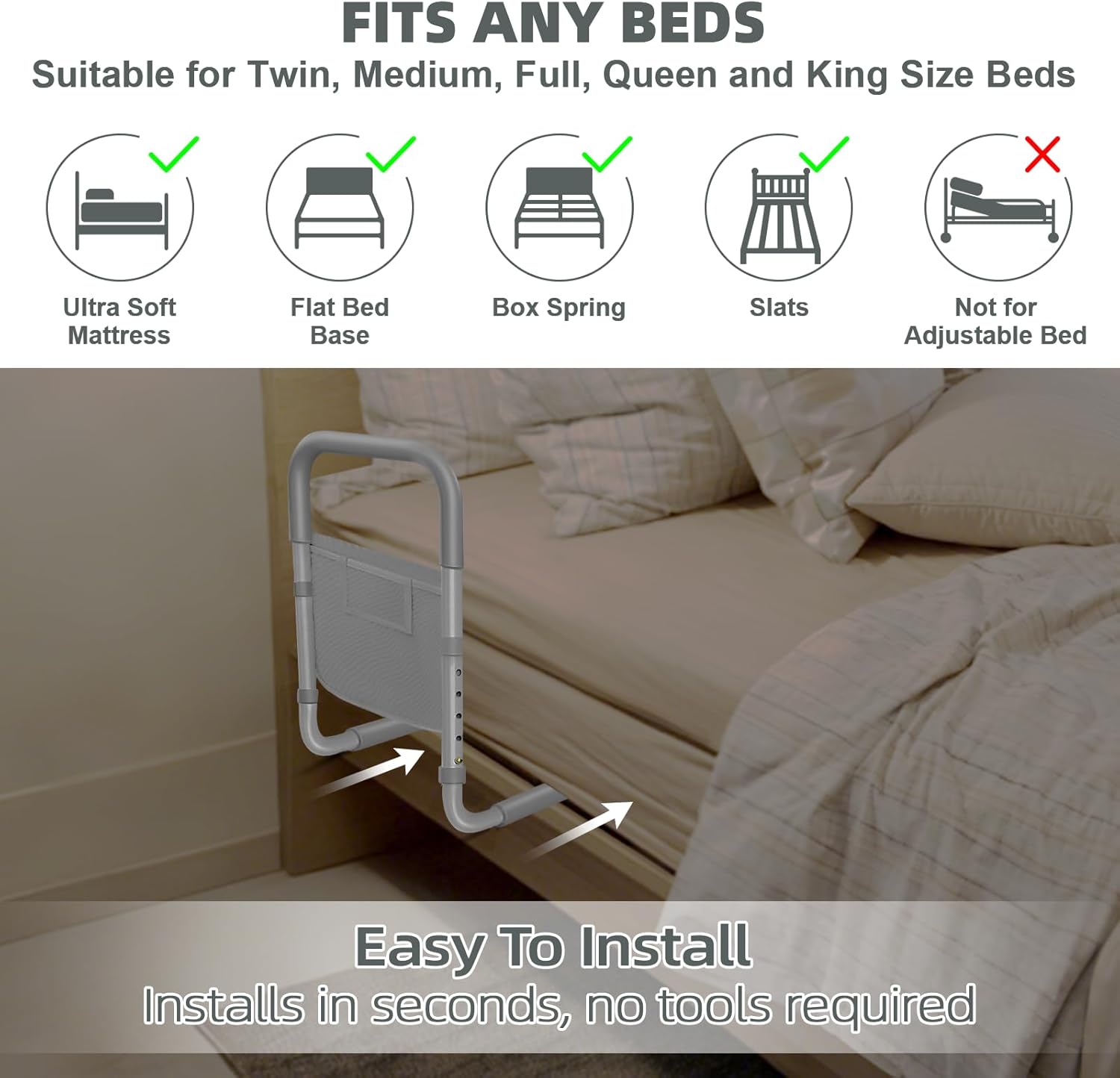 Bed Rails for Elderly Adults Safety: Adjustable Bed Assist Rails for Seniors & Patients with Storage Bag - Bedside Rail Handle Support Bar Bed Guard Rails - Fits King Queen Full Twin Medium - Image 3