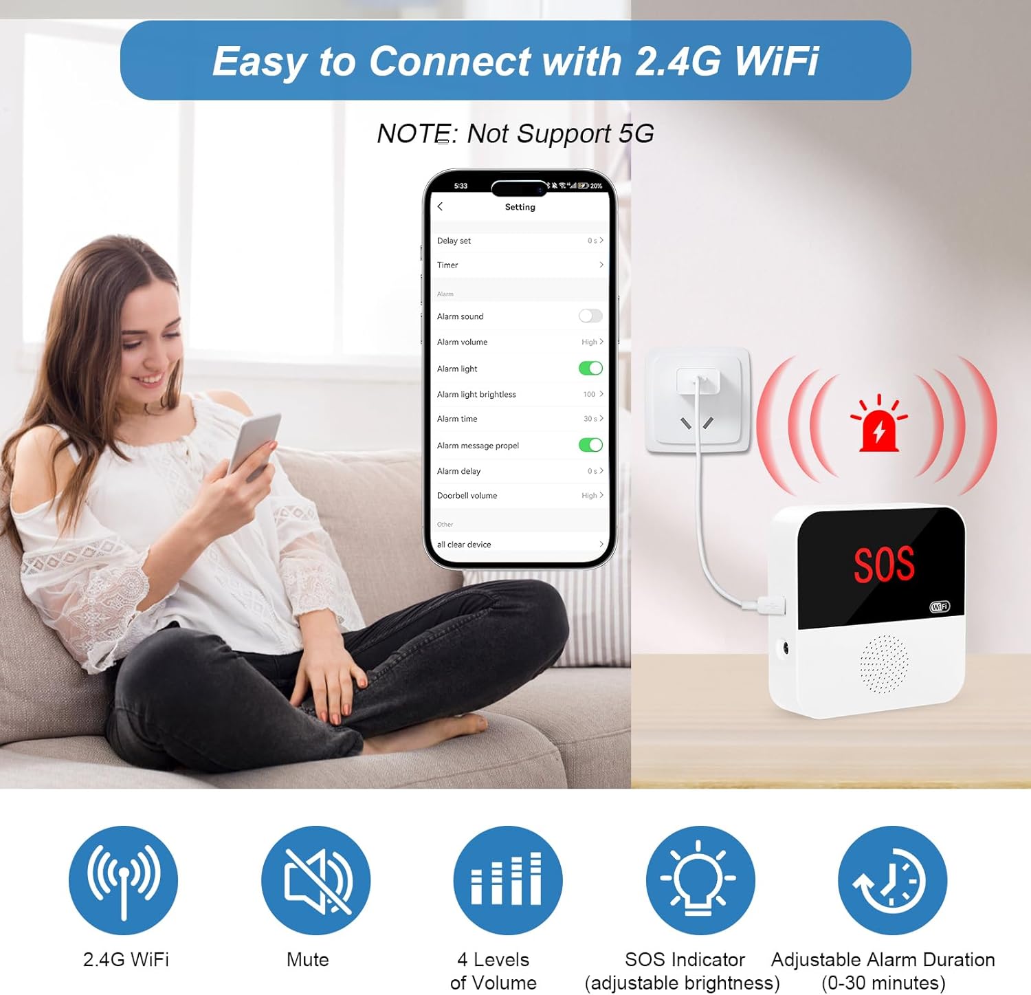 WiFi Wireless Caregiver Pager Call Button System Emergency Alert System Life Alert Button for Seniors Patient Disabled Elderly 1 Call Button 1 Watch Button 1 Receiver(only Supports 2.4GHz Wi-Fi) - Image 7