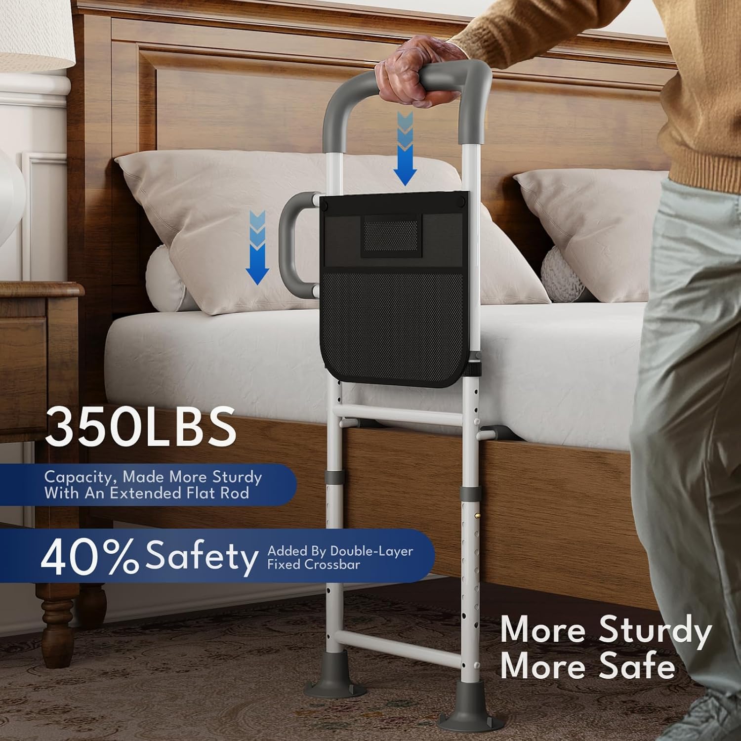 HOMEAL Bed Rails for Elderly Adults Safety - Height Adjustable Bedside Assist Rails for Seniors, Stable Bed Cane Guard Railings with Non-Slip Ergonomic Handle Bar and Storage Pocket (Grey) - Image 3