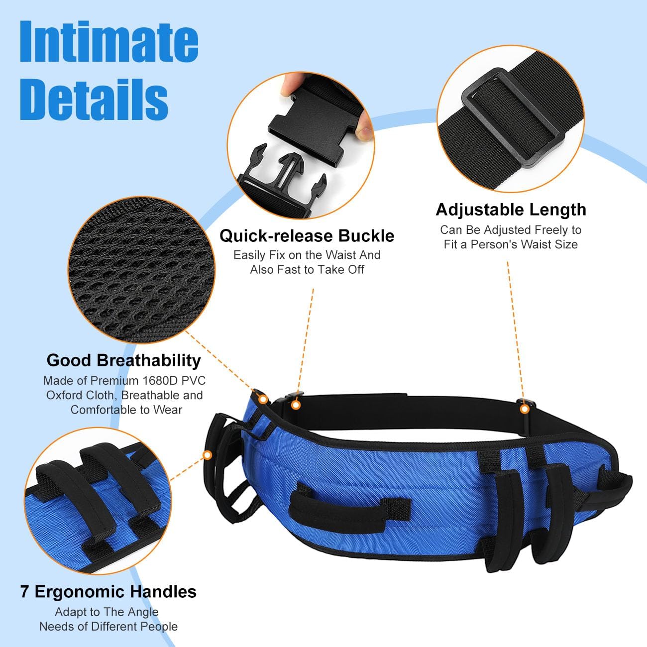 Rhino Valley Gait Belt Transfer Belt for Senior with 7 Handles, Lift Belt with Quick Release Buckle, 59" Anti-Slip Transfer Belt for Elderly, Medical Nursing Safety Patient Assist, Blue & Black - Image 5