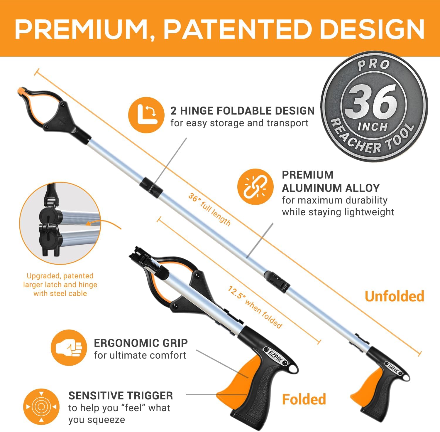 EZPIK Pro 36" Flexible Folding Grabber Tool for Elderly + Magnets, Reacher for Disabled & Seniors Heavy Duty Rotating Grippers for Reaching Underneath, Trash Grabbers & Pickers for Mobility 2-Pack - Image 5