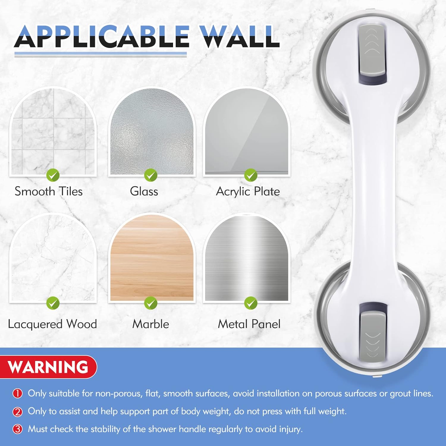 Grab Bars for Shower, 12 Inch Shower Handle Strong Suction Shower Grab Bar for Shower Chair Stool, Bathroom Safety Bar for Seniors, Elderly (2 Pack) - Image 4