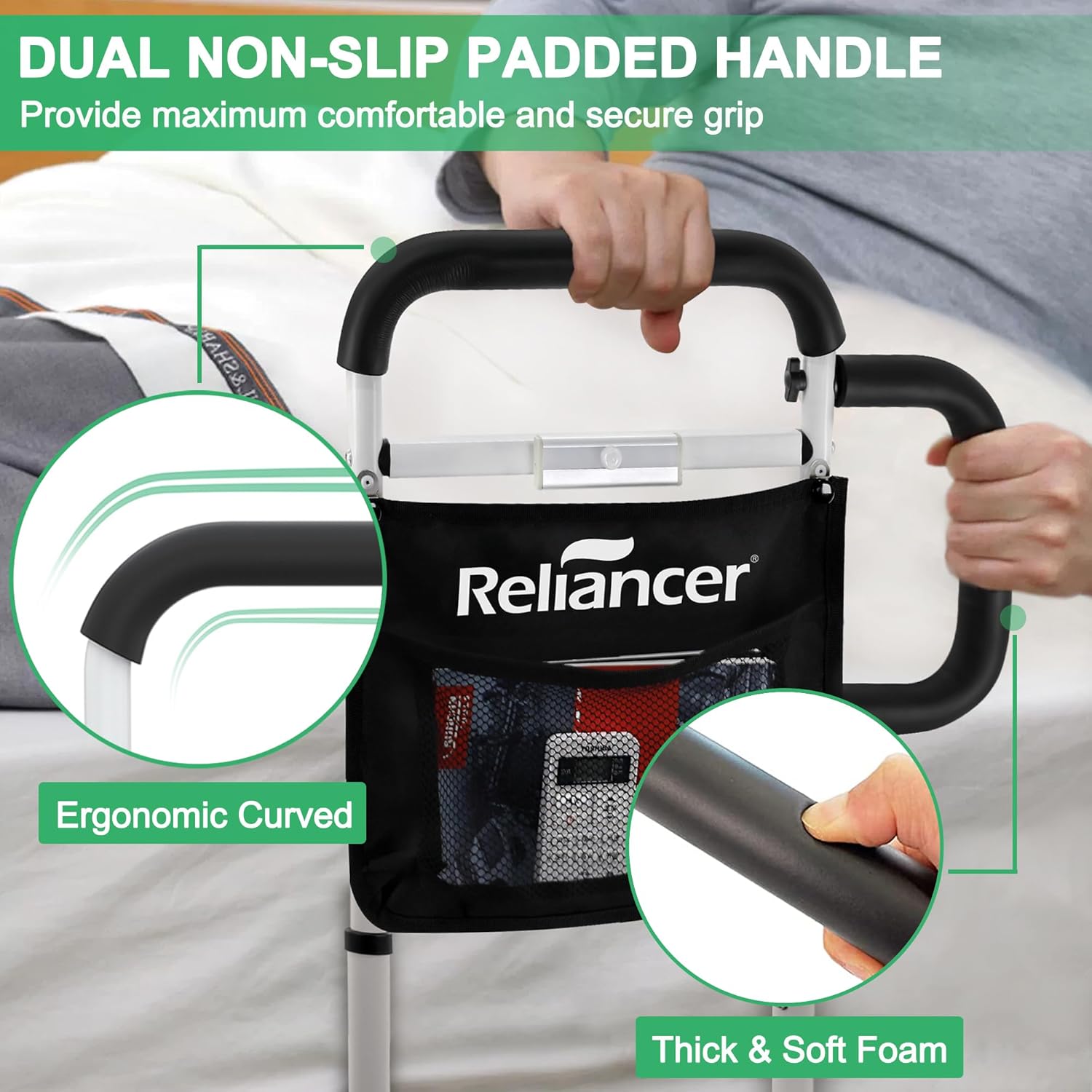 RELIANCER Bed Safety Rail for Elderly Adults w/Support Leg & Motion Light,Dual Handle Assist Grab Bar for Seniors,Adjustable Bedside Support Railings,Bed Side Assist Guard Rail,Bedside Hand Guard Bar - Image 8