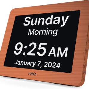 Robin Clock 2024 with Day and Date for Elderly, Clocks for Seniors, Dementia Clock, Digital Calendar Clock Elderly, Bedside Clocks Seniors, Alzheimers Products, Dementia Clocks Extra Large, Brown Wood