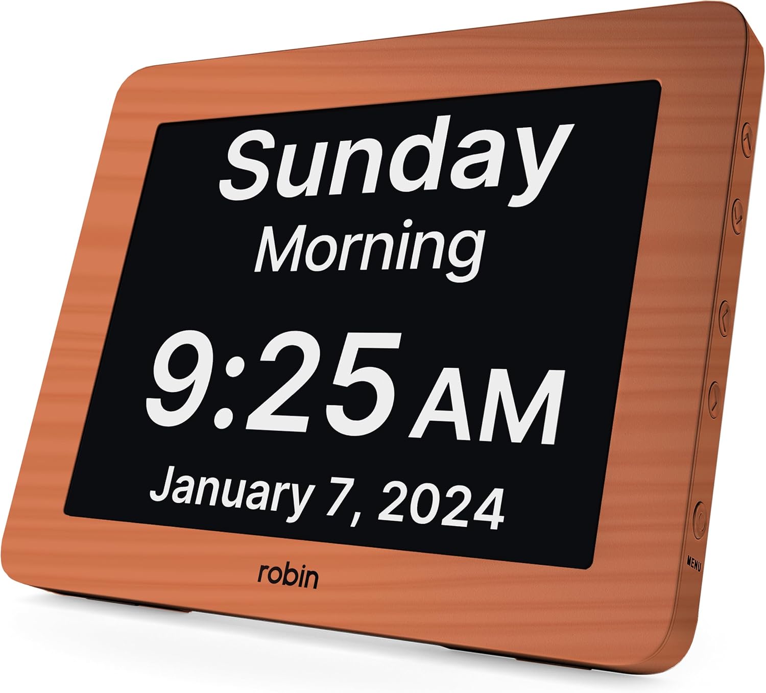 Robin Clock 2024 with Day and Date for Elderly, Clocks for Seniors, Dementia Clock, Digital Calendar Clock Elderly, Bedside Clocks Seniors, Alzheimers Products, Dementia Clocks Extra Large, Brown Wood