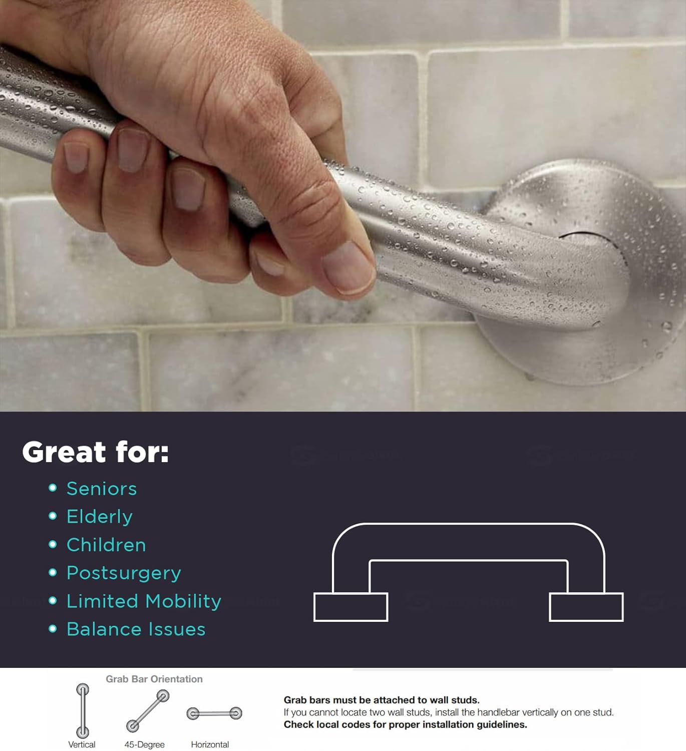 Grab Bar for Bathtubs and Showers, Shower Grab Bars for Seniors and Elderly, Safety Bar for Bathroom 30" x 1.5" ADA Compliant Grab Bar, Heavy Duty Stainless Steel Shower Handle Wall Mount - Image 7