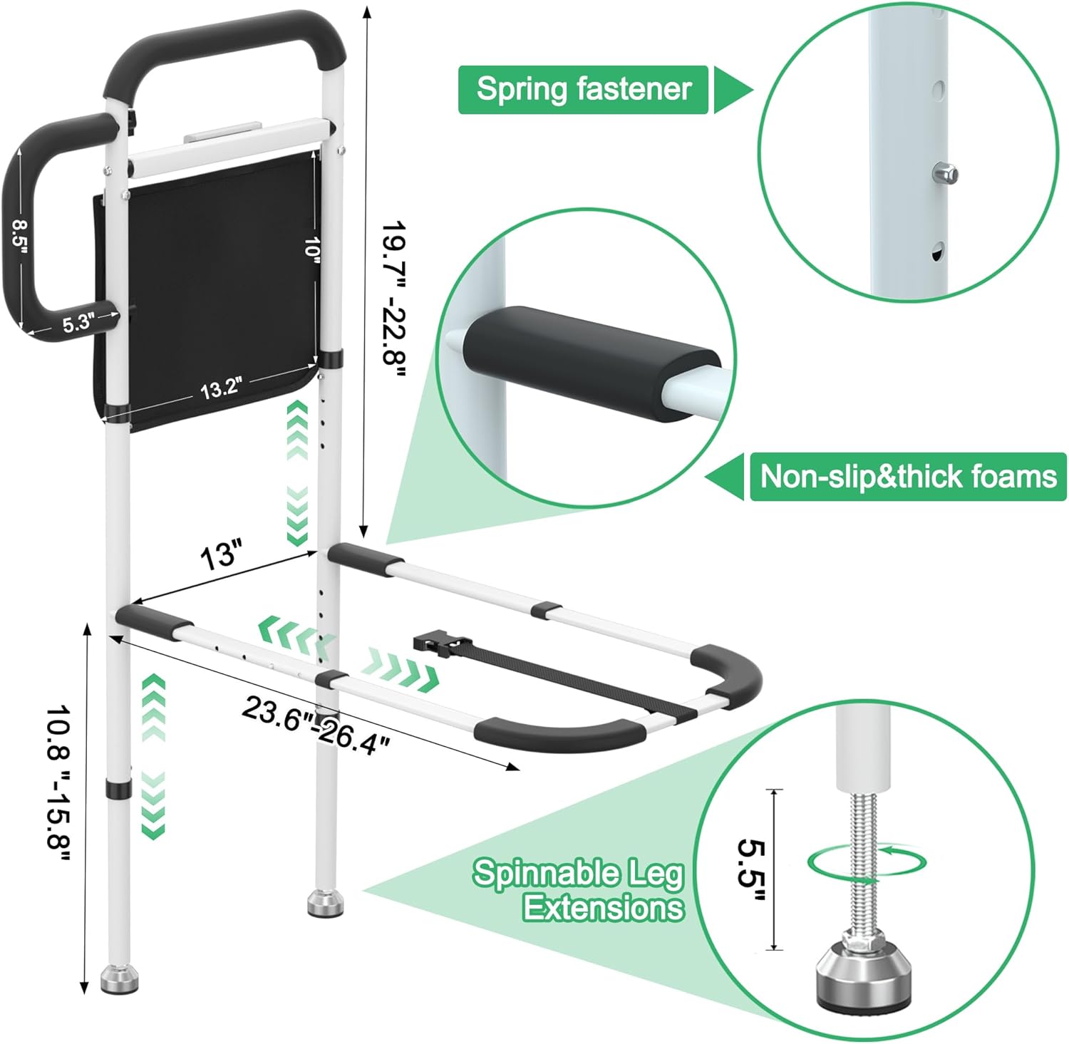 RELIANCER Bed Safety Rail for Elderly Adults w/Support Leg & Motion Light,Dual Handle Assist Grab Bar for Seniors,Adjustable Bedside Support Railings,Bed Side Assist Guard Rail,Bedside Hand Guard Bar - Image 3