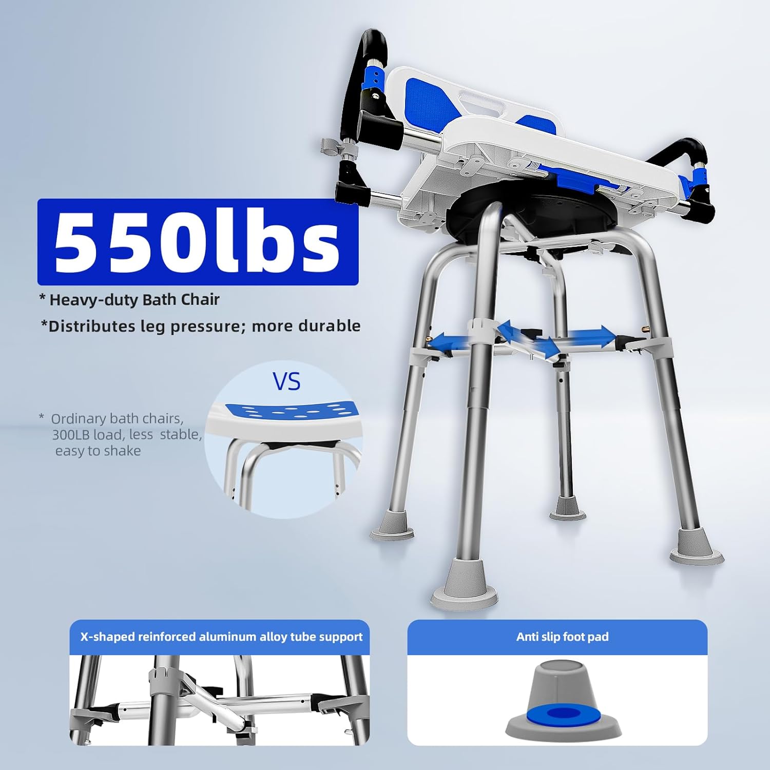 Swive Shower Chair with Arms and Back Heavy Duty 500 lbs for Seniors Elderly Disabled or Bariatric Adults Bench Seat for Inside Shower Stall and Bathroom Bath Tub Seats Adjustable Stool - Image 4