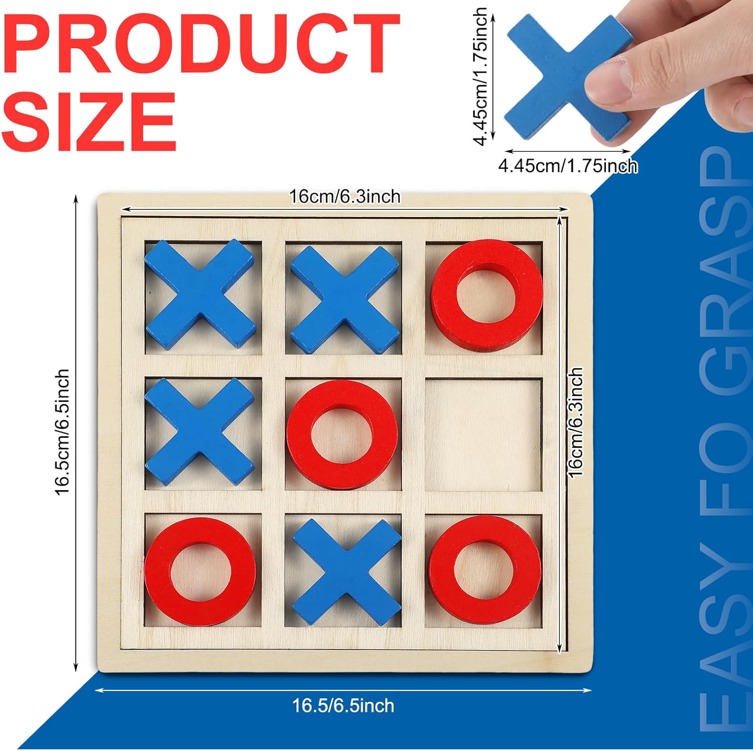 Jumbo Wooden Tic Tac Toe Game Dementia Activities for Alzheimers Seniors with Matching and Puzzle Templates XO Chess Board Game for Elderly Engaging Table Decor(Blue, Red) - Image 2