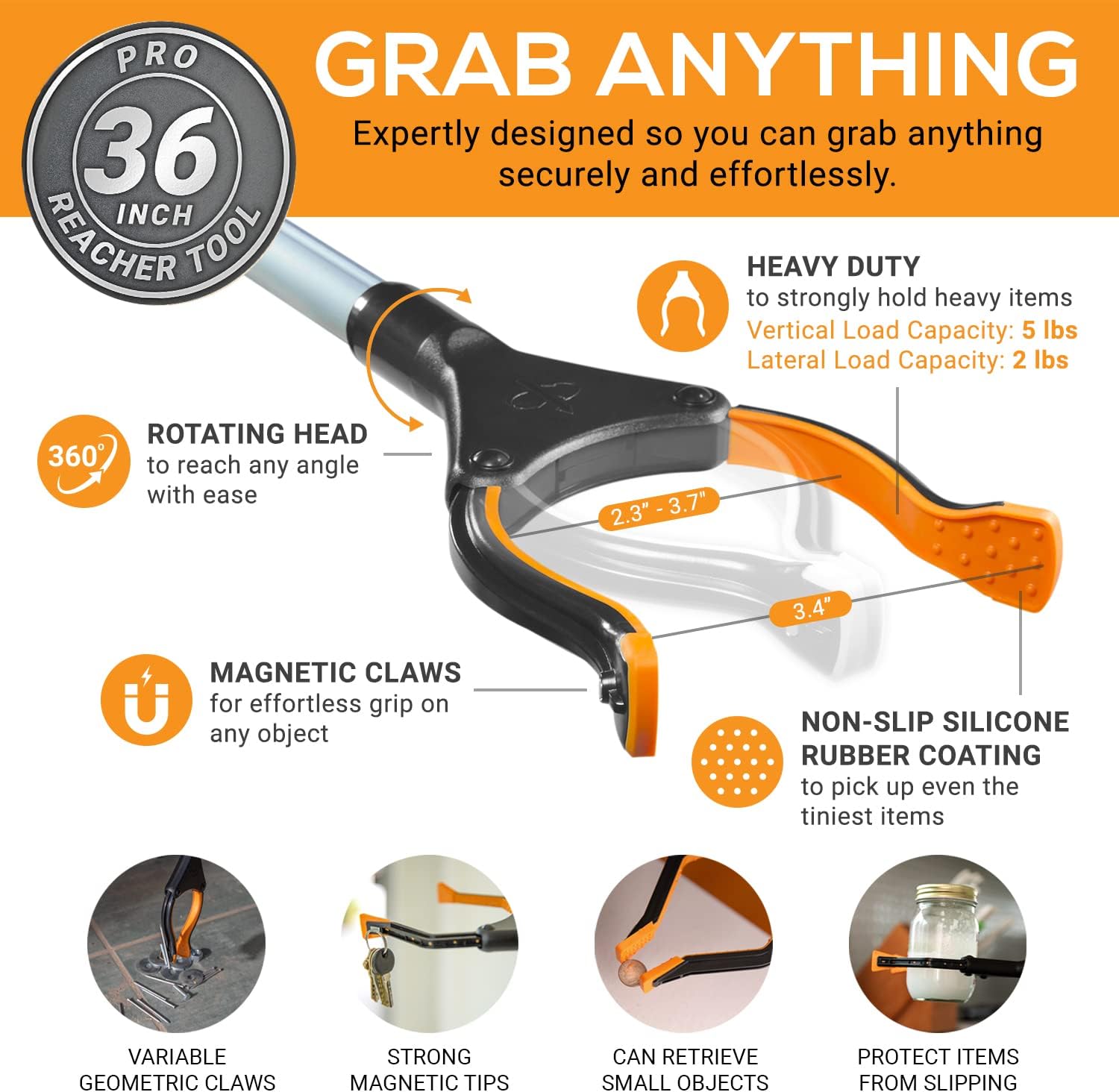 EZPIK Pro 36" Flexible Folding Grabber Tool for Elderly + Magnets, Reacher for Disabled & Seniors Heavy Duty Rotating Grippers for Reaching Underneath, Trash Grabbers & Pickers for Mobility 2-Pack - Image 4