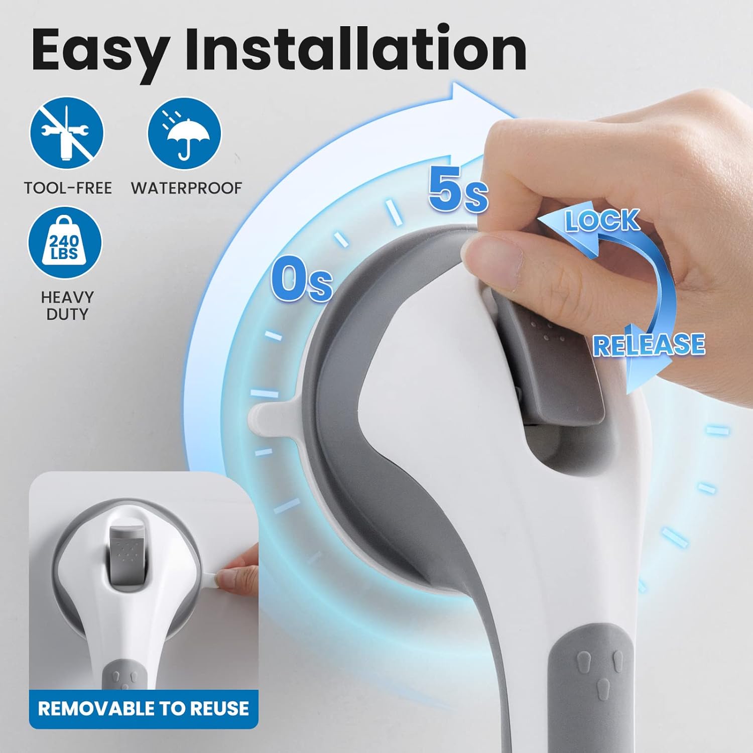 LEVERLOC 2 Pack Grab Bars for Bathtubs and Showers, Easy to Install Suction Shower Handles for Bathroom Removable Handrails for Seniors Elderly Heavy Duty Safety Grip Waterproof Drill Free Gray - Image 3