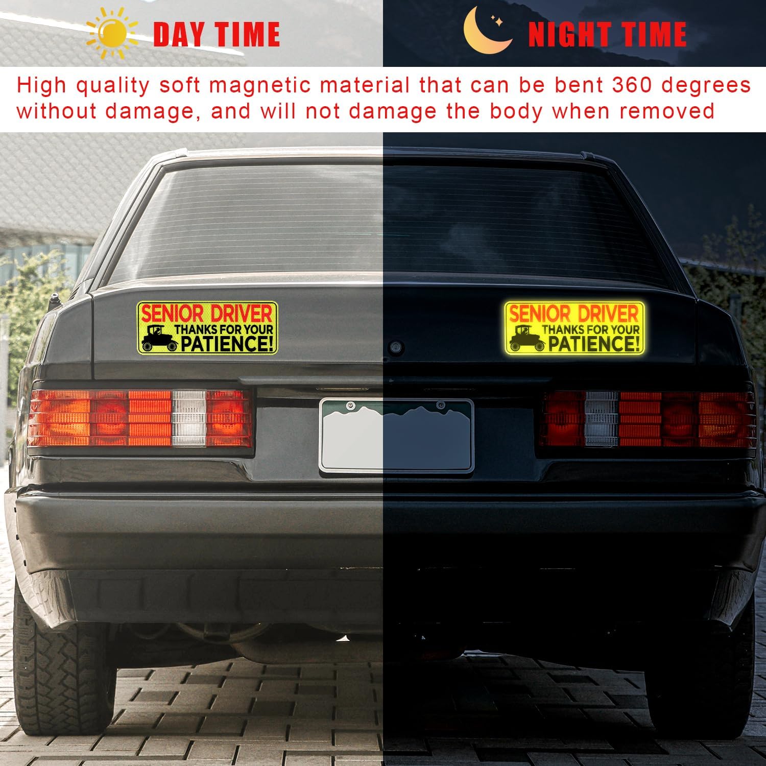 2pcs Senior Driver Car Magnet - Please Be Patient 10.24x3.94in Elderly Driver Sticker Reflective Magnetic Safety Sign - Image 3