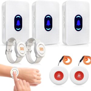 Daytech Wireless Caregiver Pager Call Button Elderly Nurse Alert System for Elderly Monitoring/Seniors with 2 SOS Call Panic Buttons & 2 Watch Pagers, 500+Feet 3 Receivers