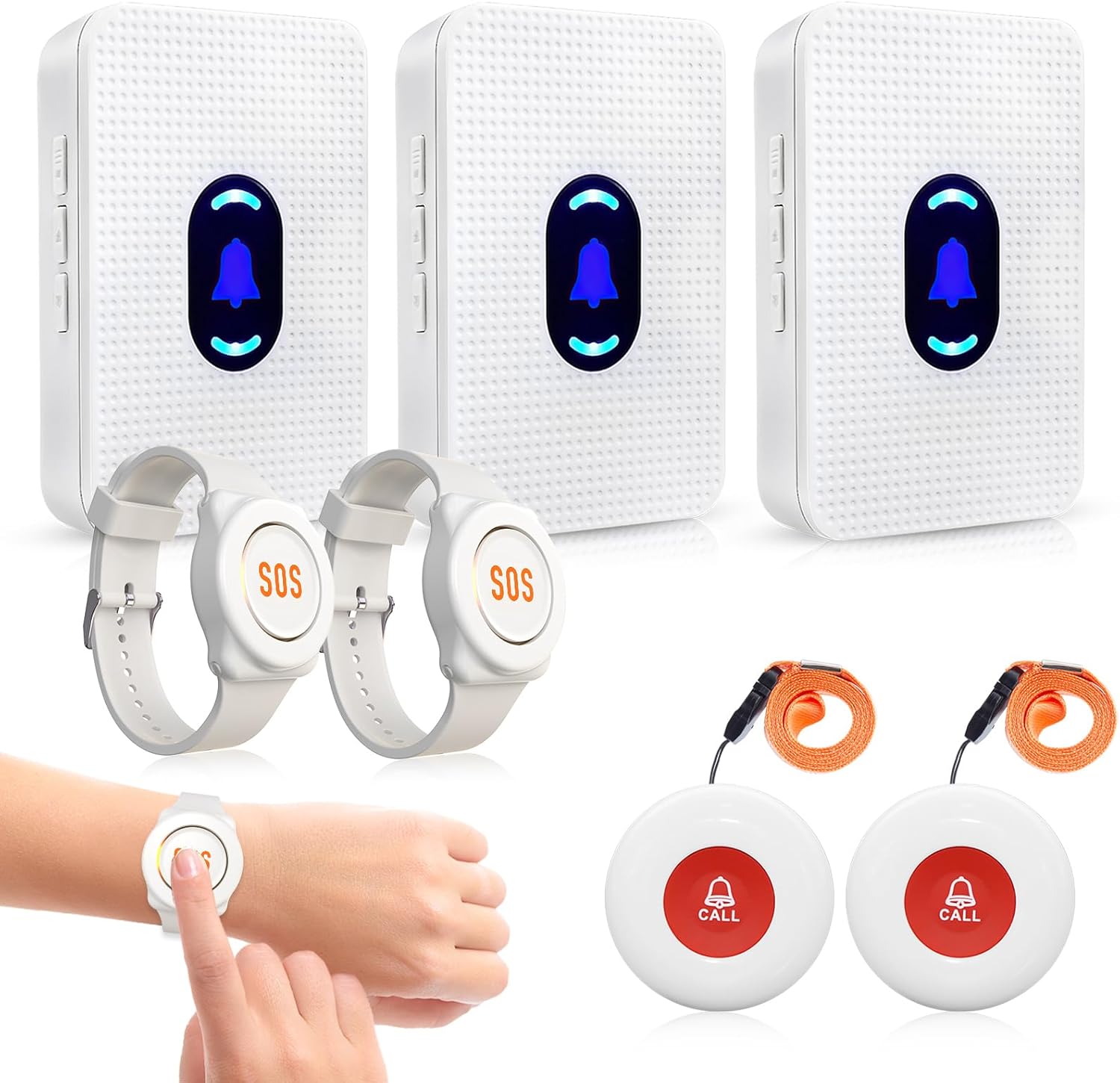 Daytech Wireless Caregiver Pager Call Button Elderly Nurse Alert System for Elderly Monitoring/Seniors with 2 SOS Call Panic Buttons & 2 Watch Pagers, 500+Feet 3 Receivers