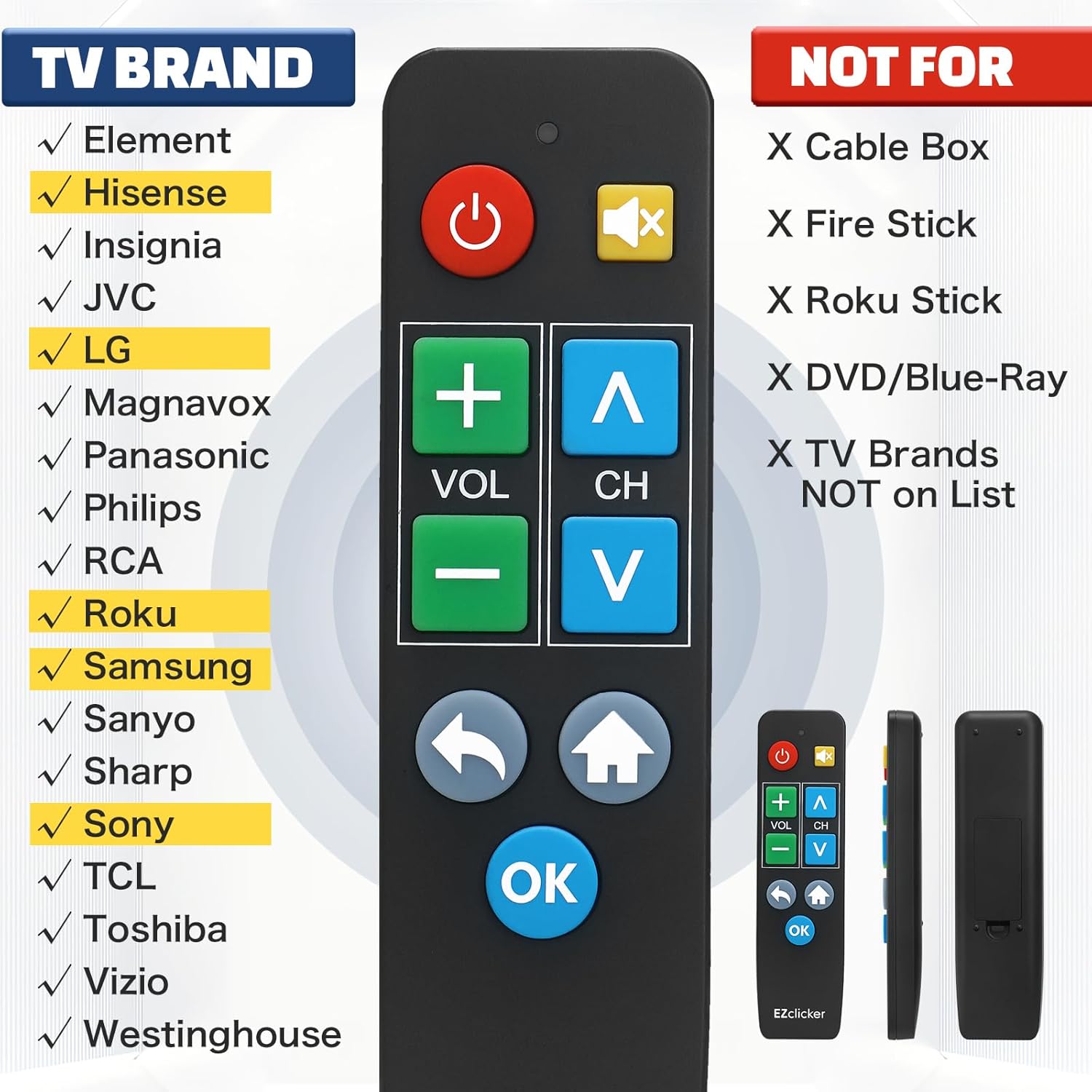 Big Button Universal TV Remote for Seniors, Simple Easy to Use, Dementia Products for Elderly, Works with Major TV Brands, NOT for Streaming (2xAAA Batteries Not Included) (Black) - Image 3
