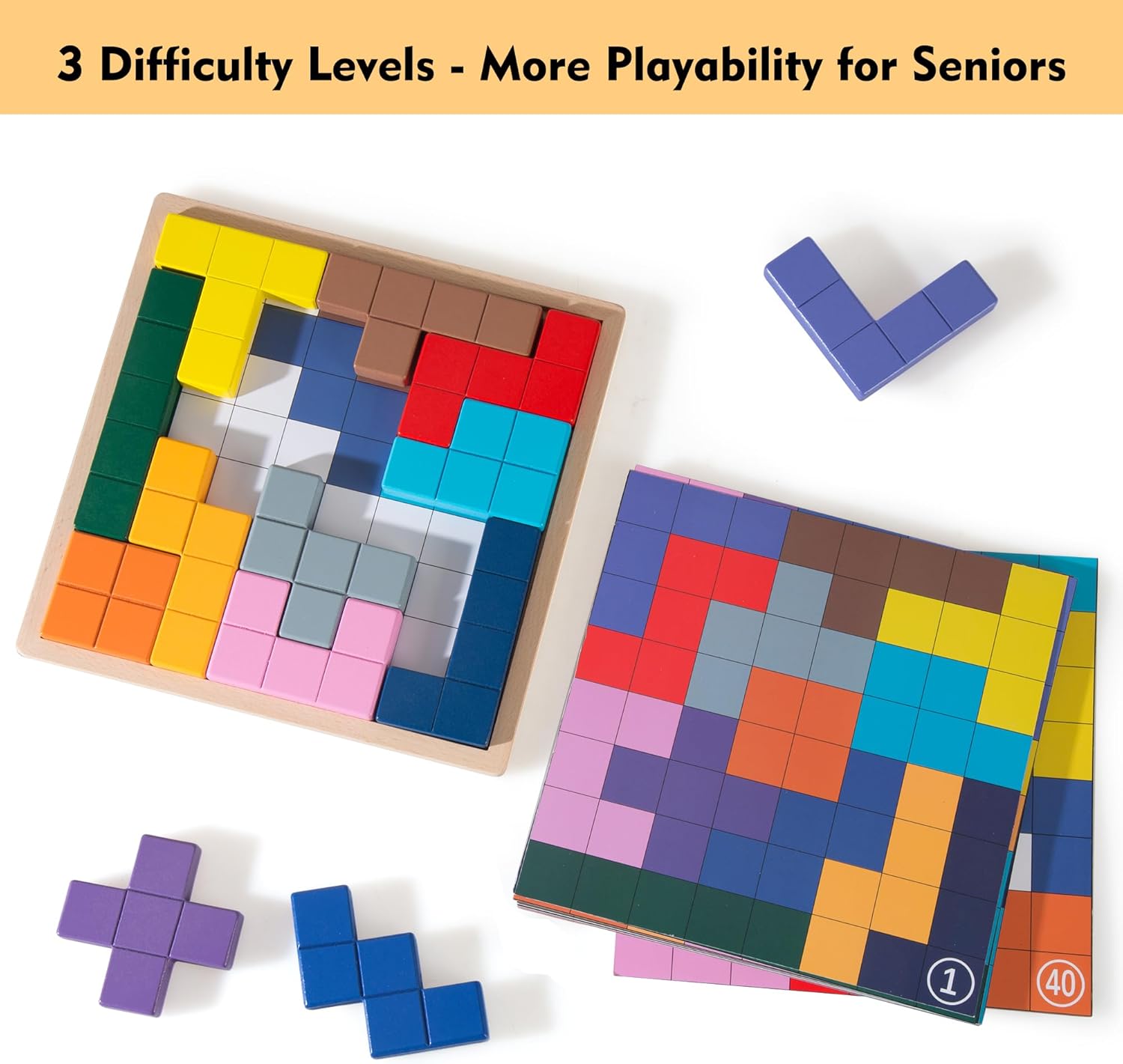Dementia Products for Elderly, Wooden Tiles Matching Game with 40 Templates, Dementia Activities for Seniors, Easy Memory Games for Alzheimer's, Large Puzzle Pattern Blocks - Image 3