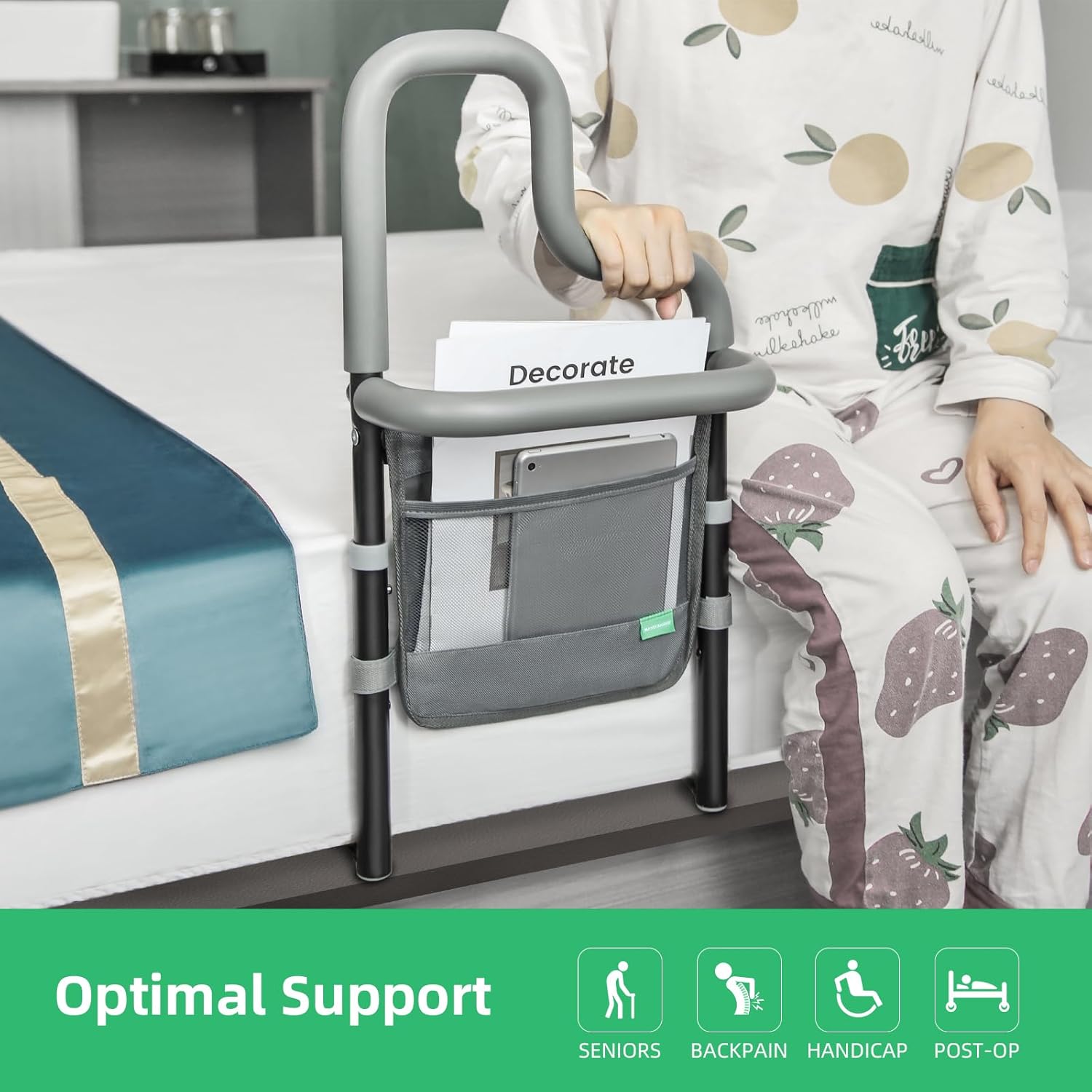 Dual Bar Bed Rail for Elderly Adults Safety with Storage Pocket, Bed Assist Rail for Seniors for Easily Getting in & Out of Bed, Bed Rails Fits King, Queen, Full, Twin Bed - Image 7
