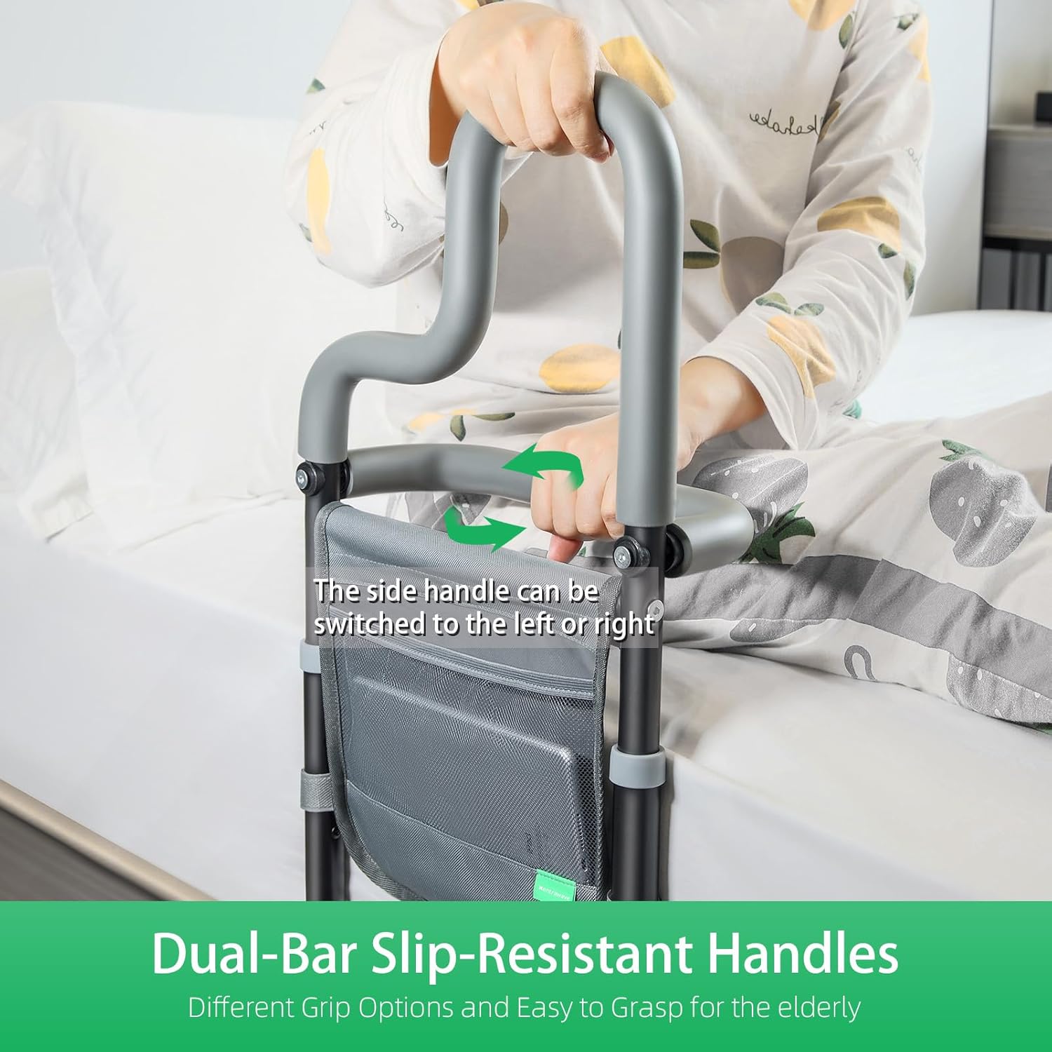 Dual Bar Bed Rail for Elderly Adults Safety with Storage Pocket, Bed Assist Rail for Seniors for Easily Getting in & Out of Bed, Bed Rails Fits King, Queen, Full, Twin Bed - Image 2
