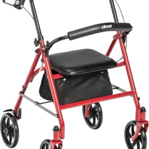 Drive Medical 10257RD-1 4 Wheel Rollator Walker With Seat, Steel Rolling Walker, Height Adjustable, 7.5" Wheels, Removable Back Support, 300 Pound Weight Capacity, Red