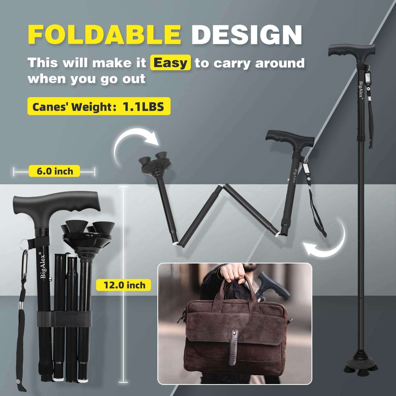 BigAlex Folding Walking Cane for Elderly Adjustable & Portable Walking Stick for Seniors,Pivoting Quad Base,Lightweight,Collapsible with Carrying Bag for Men/Woman - Image 5