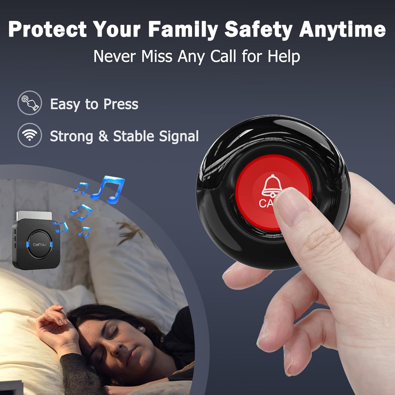 CallToU Wireless Caregiver Call Button Elderly Monitoring Alert Systems for Seniors 1 Plugin Receiver 2 Waterproof Transmitters - Image 6