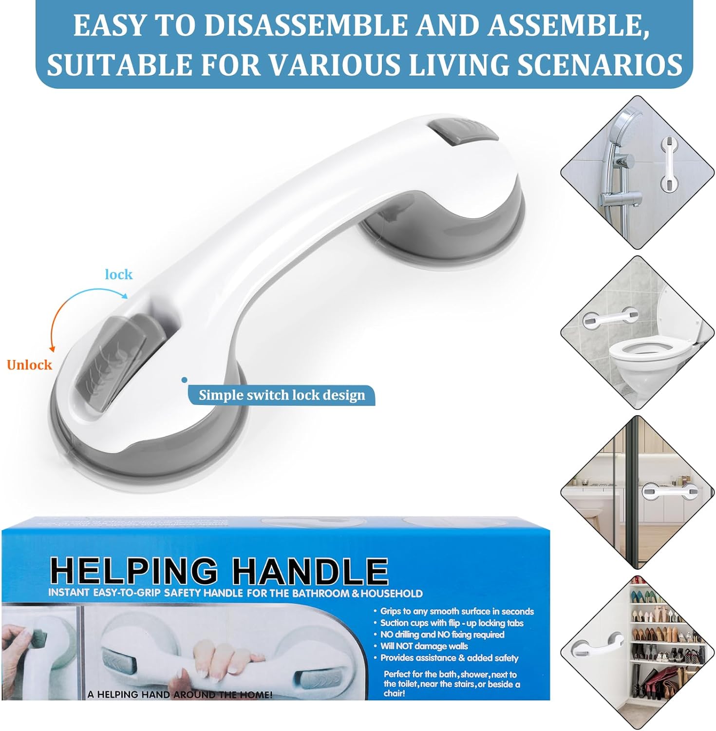 Shower Handle 1 Pack Grab Bars for Bathtubs & Showers, 12 inch Grab Bars for Bathroom with Strong Hold Suction Cup, Balance Bar Safety Hand Rail for Injury, Senior, Elderly Grey - Image 2