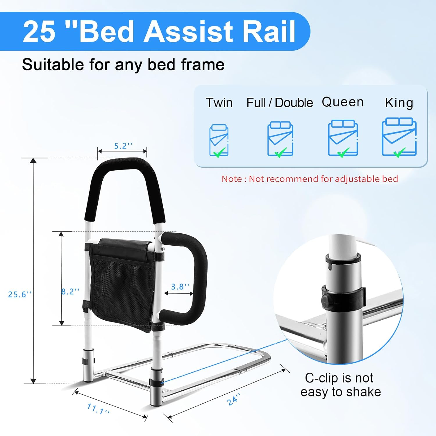 Bed Rails for Elderly Adults Safety-Bed Assist Rail with Double Grab Bars & Fall Prevention Guard & Storage Pocket Fits King, Queen, Full, Twin, Support Up to 300lbs,Height 25.6'' (Double Grab Bars) - Image 5