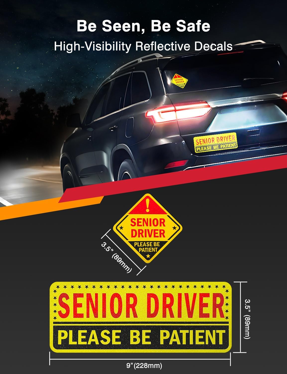 5 Reusable Senior Driver Stickers (Non-Magnetic) – Reflective Please Be Patient Decals for Elderly Drivers – Paint-Safe, Residue-Free for Cars, Windows, & Bumpers - Image 2