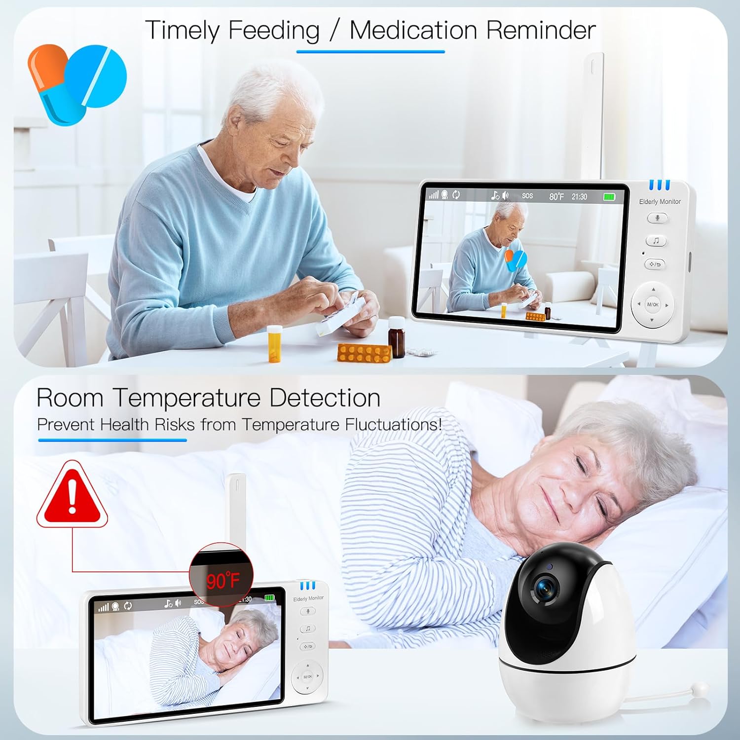 Elderly Monitor with Camera and Audio, 2-Way Talk Room Monitors for Elderly, Call Button, Med Reminder, Temp Monitoring, Night Vision, Pan-Tilt-Zoom Video Monitor for Elderly Care & Caregivers/No WiFi - Image 6