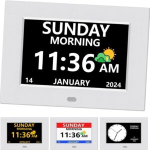 7 Inch Digital Clock with Day and Date for Elderly Alzheimer's Dementia Clock Customizable Alarms and Medicine Reminders 3 Display Modes Large Font Digital Alarm Clock for Seniors White