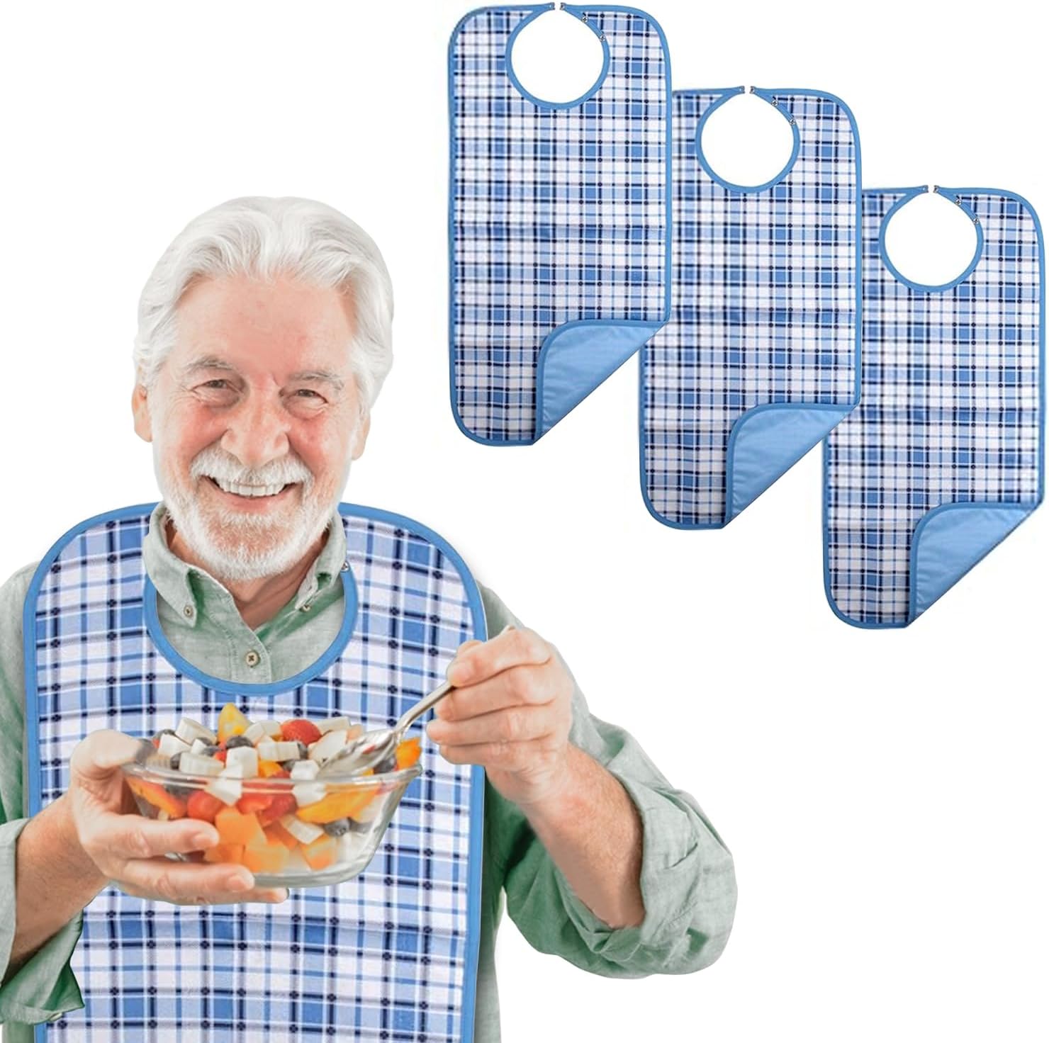 Adult Bibs, 3-Pack Washable Waterproof Clothing Protector for Men, Women, Elderly Seniors - Reusable Large Feeding Bibs