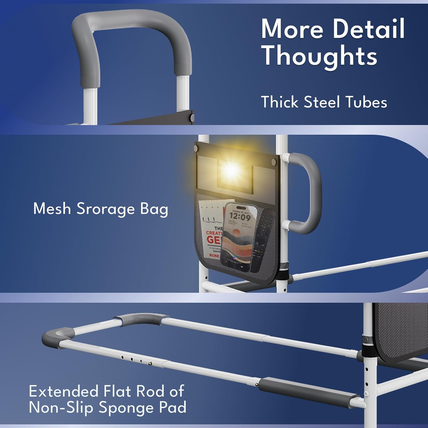 HOMEAL Bed Rails for Elderly Adults Safety - Height Adjustable Bedside Assist Rails for Seniors, Stable Bed Cane Guard Railings with Non-Slip Ergonomic Handle Bar and Storage Pocket (Grey) - Image 6