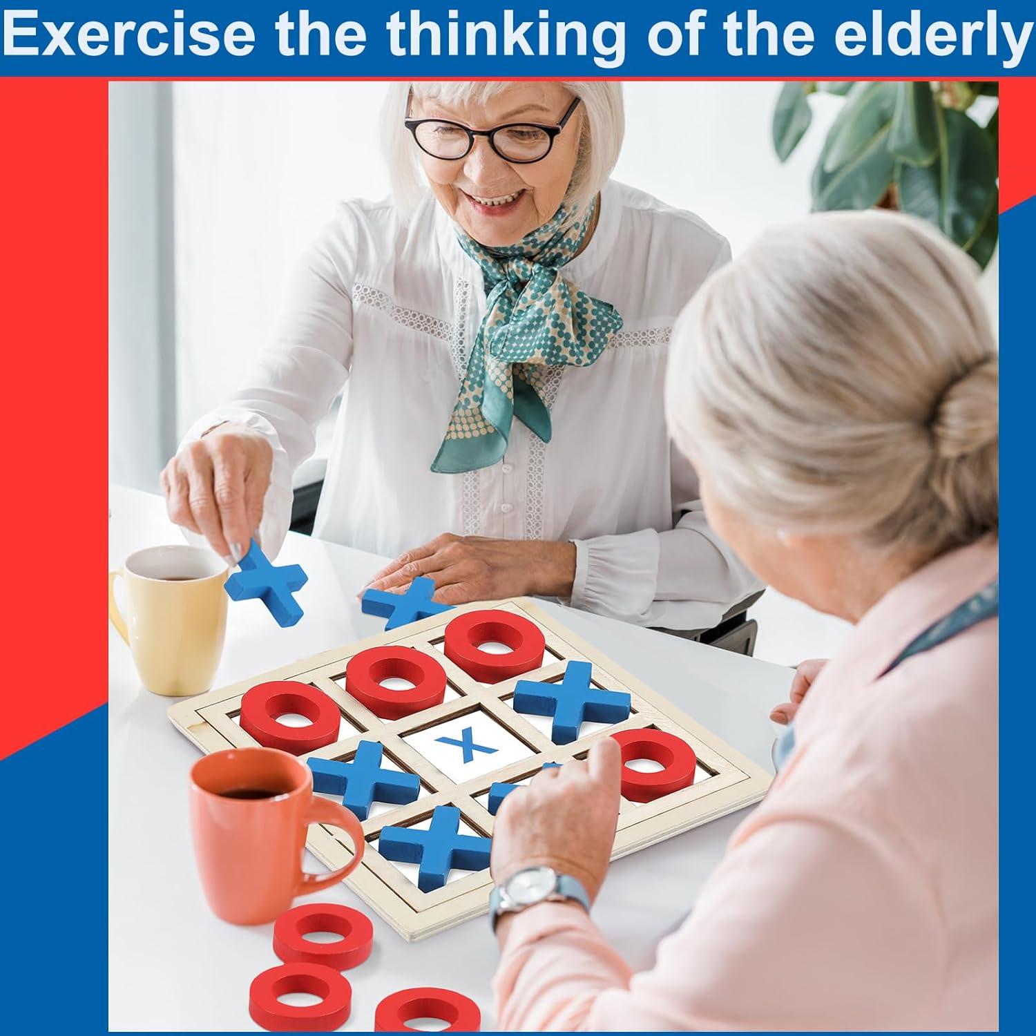 Jumbo Wooden Tic Tac Toe Game Dementia Activities for Alzheimers Seniors with Matching and Puzzle Templates XO Chess Board Game for Elderly Engaging Table Decor(Blue, Red) - Image 6