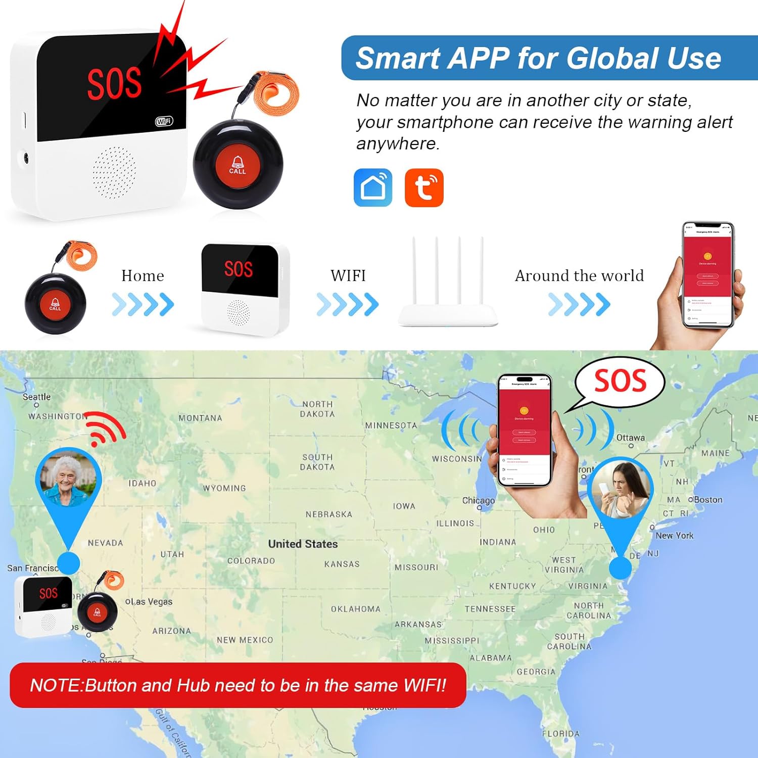 WiFi Smart Wireless Caregiver Pager Call Button Emergency Alert System Life Alert Button for Elderly Patient Seniors Disabled 3 SOS Panic Button 1 Receiver(Only Supports 2.4GHz & No Monthly Fee) - Image 3