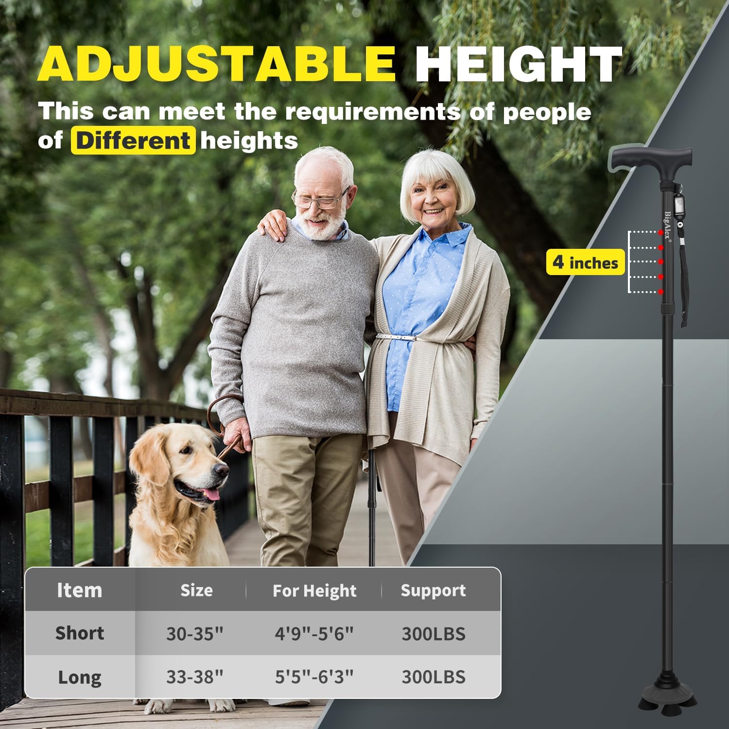 BigAlex Folding Walking Cane for Elderly Adjustable & Portable Walking Stick for Seniors,Pivoting Quad Base,Lightweight,Collapsible with Carrying Bag for Men/Woman - Image 4