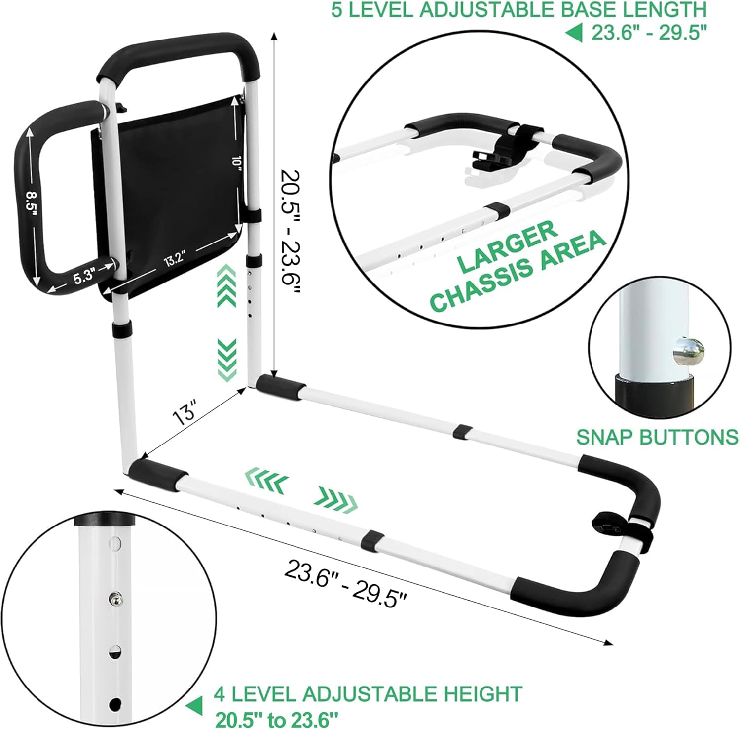 RELIANCER Bed Safety Rail for Elderly Adult w/Side Support Bar&Storage Bag,Dual Handle Assist Grab Bar for Seniors,Adjustable Bedside Support Railing,Bed Side Assist Guard Rail,Bedside Hand Guard Bar - Image 3